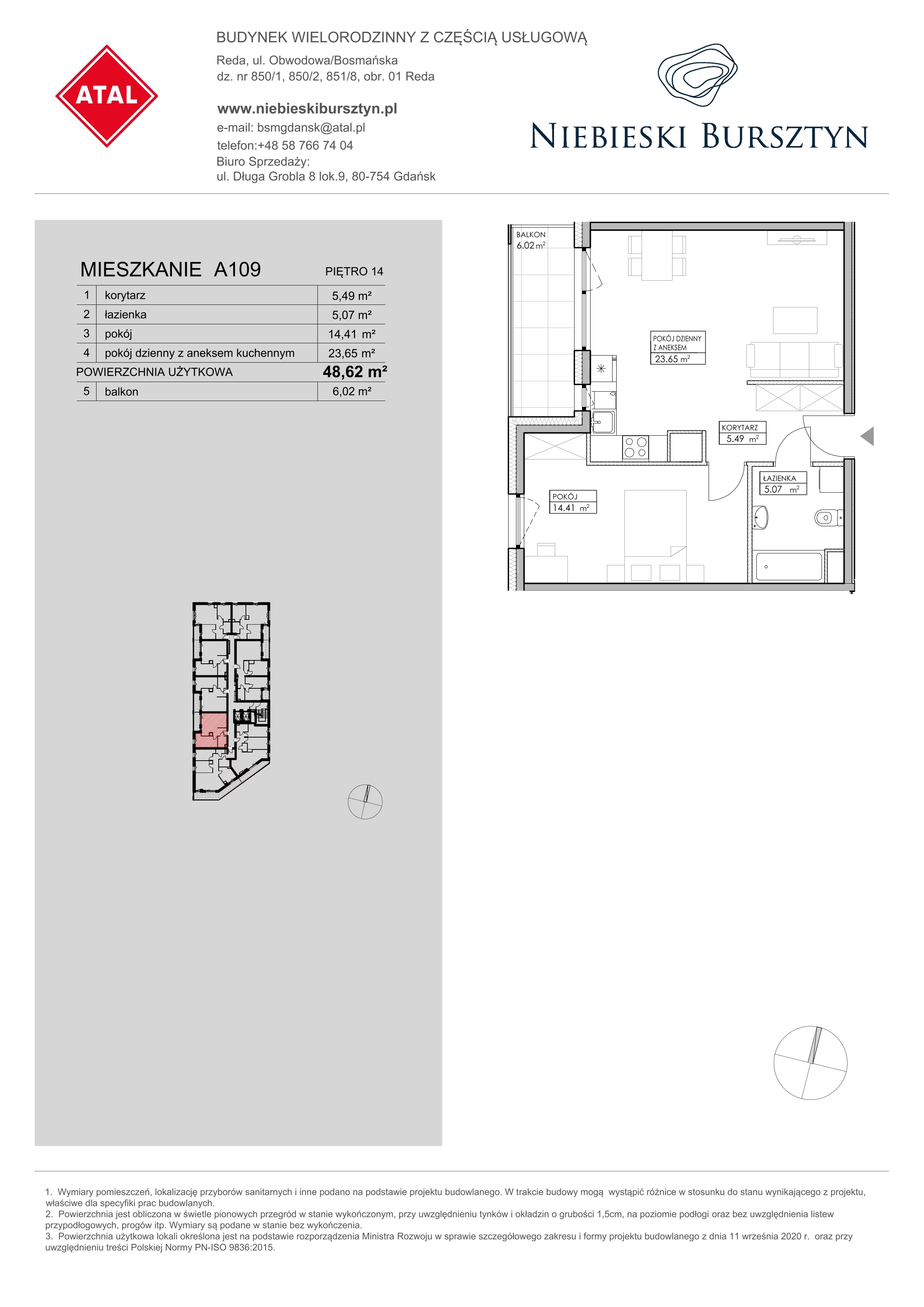 Mieszkanie 48,62 m², piętro 14, oferta nr A109, Niebieski Bursztyn, Reda, ul. Bosmańska