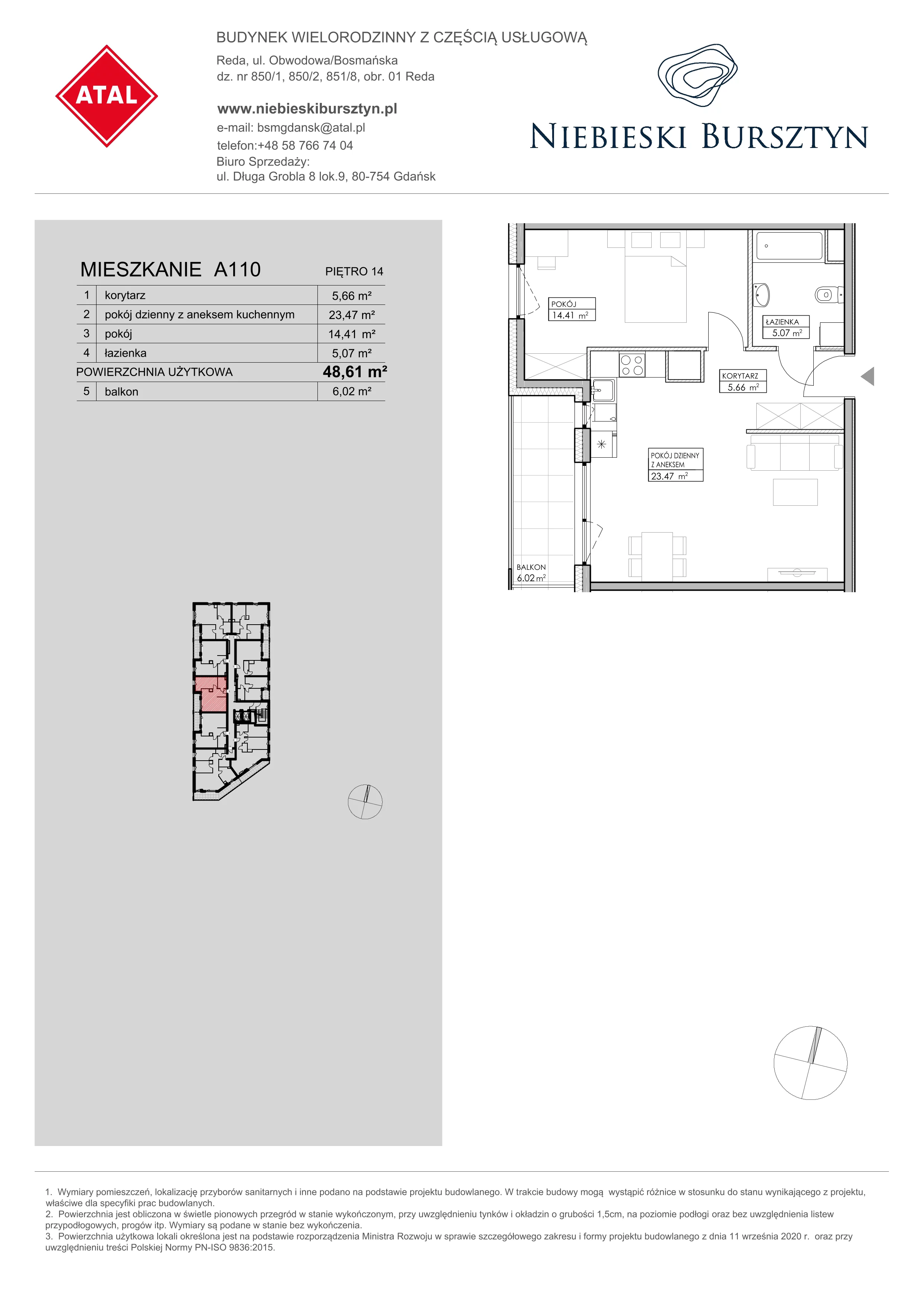 Mieszkanie 48,61 m², piętro 14, oferta nr A110, Niebieski Bursztyn, Reda, ul. Bosmańska