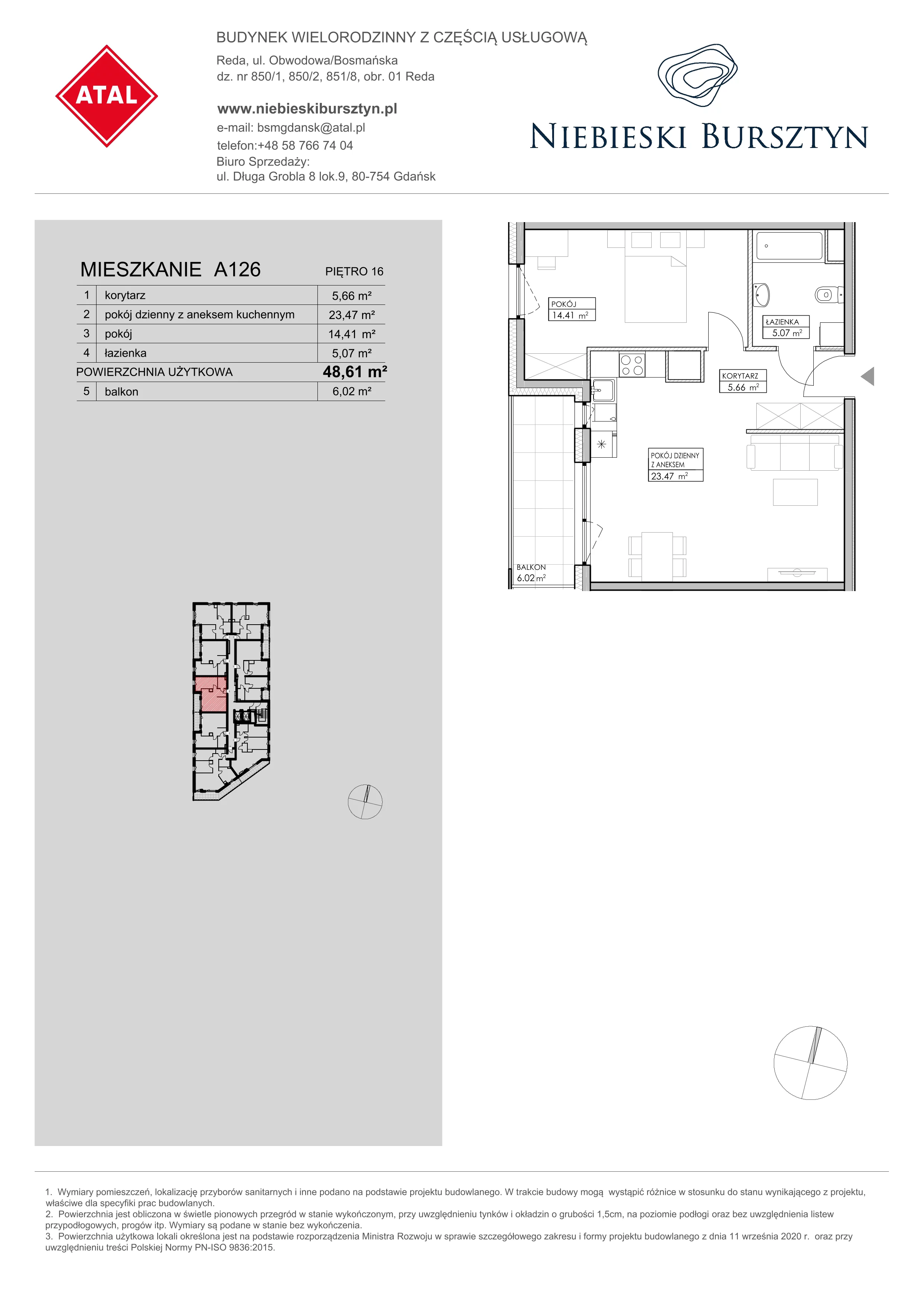 Mieszkanie 48,61 m², piętro 16, oferta nr A126, Niebieski Bursztyn, Reda, ul. Bosmańska