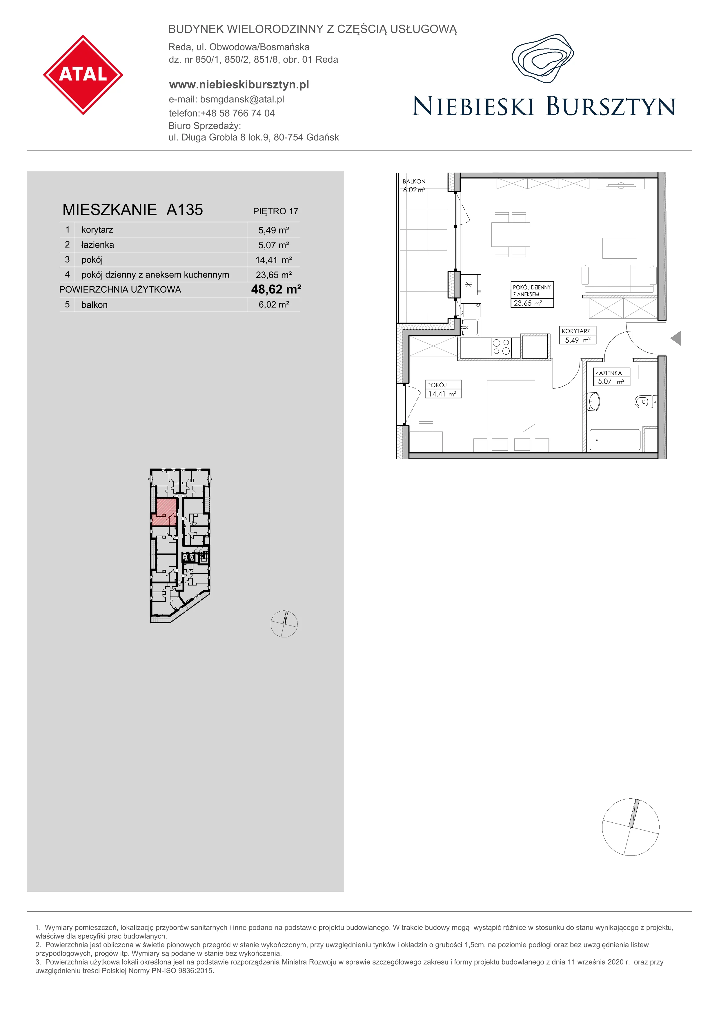 Mieszkanie 48,62 m², piętro 17, oferta nr A135, Niebieski Bursztyn, Reda, ul. Bosmańska