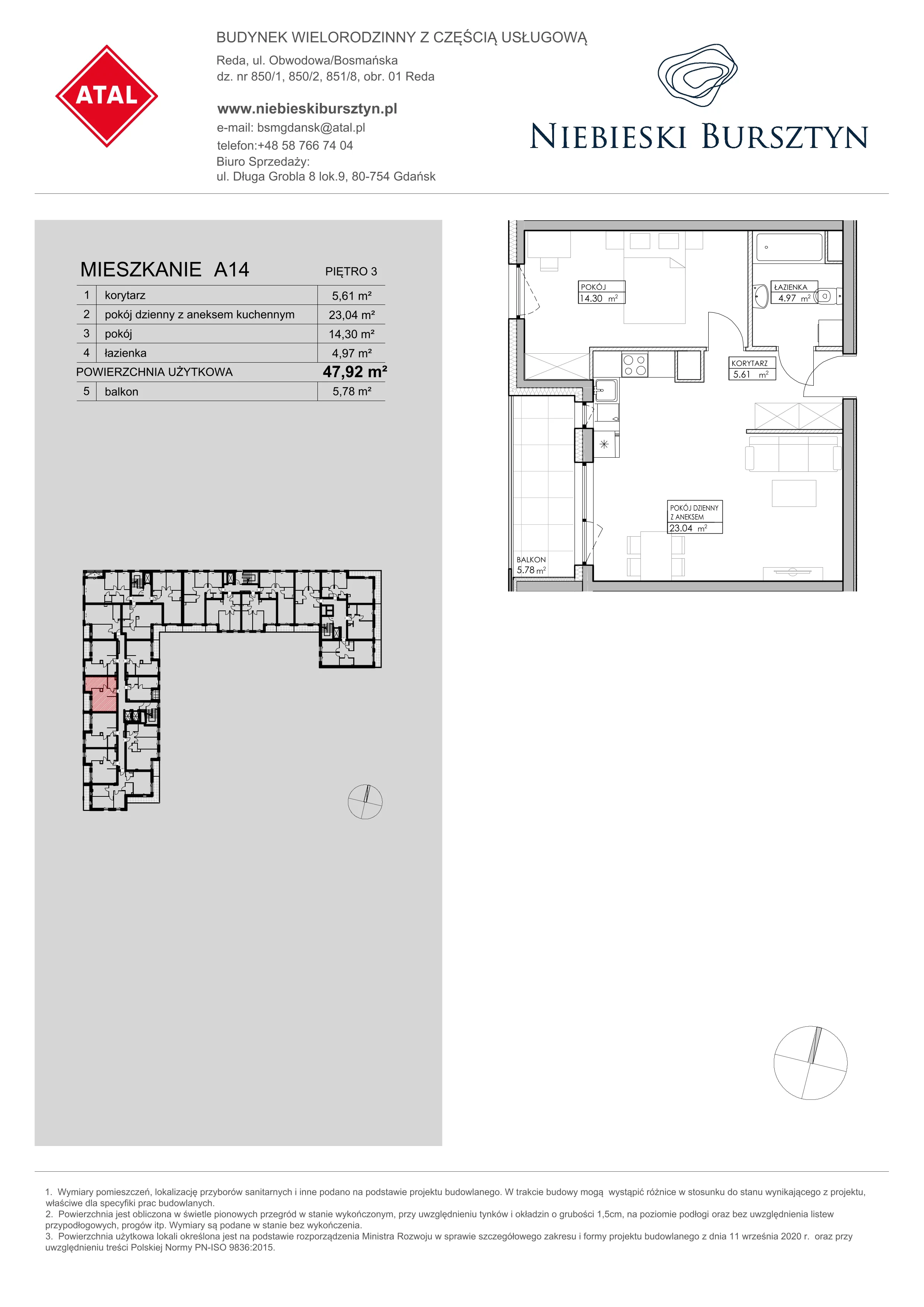 Mieszkanie 47,92 m², piętro 3, oferta nr A14, Niebieski Bursztyn, Reda, ul. Bosmańska