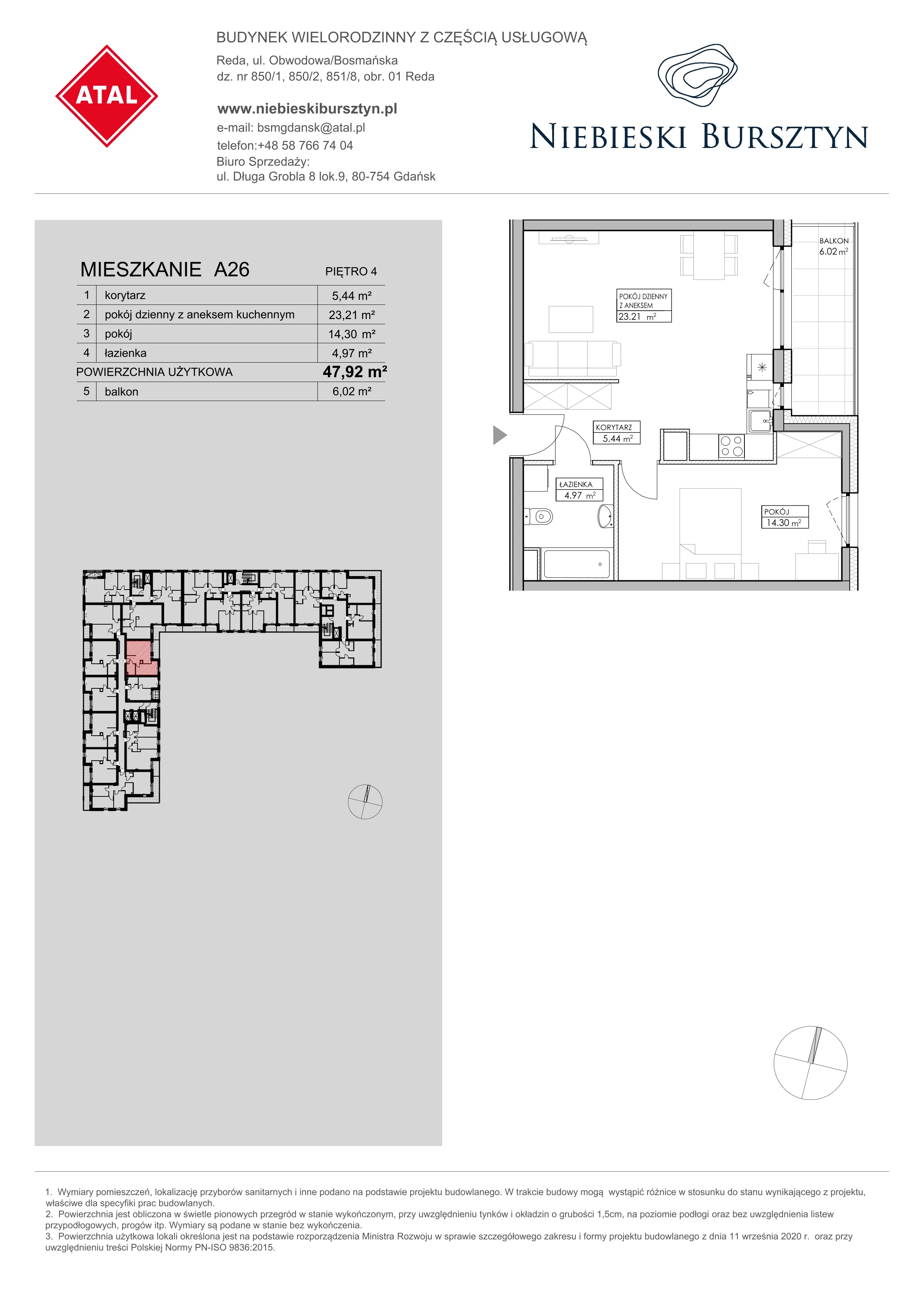 Mieszkanie 47,92 m², piętro 4, oferta nr A26, Niebieski Bursztyn, Reda, ul. Bosmańska