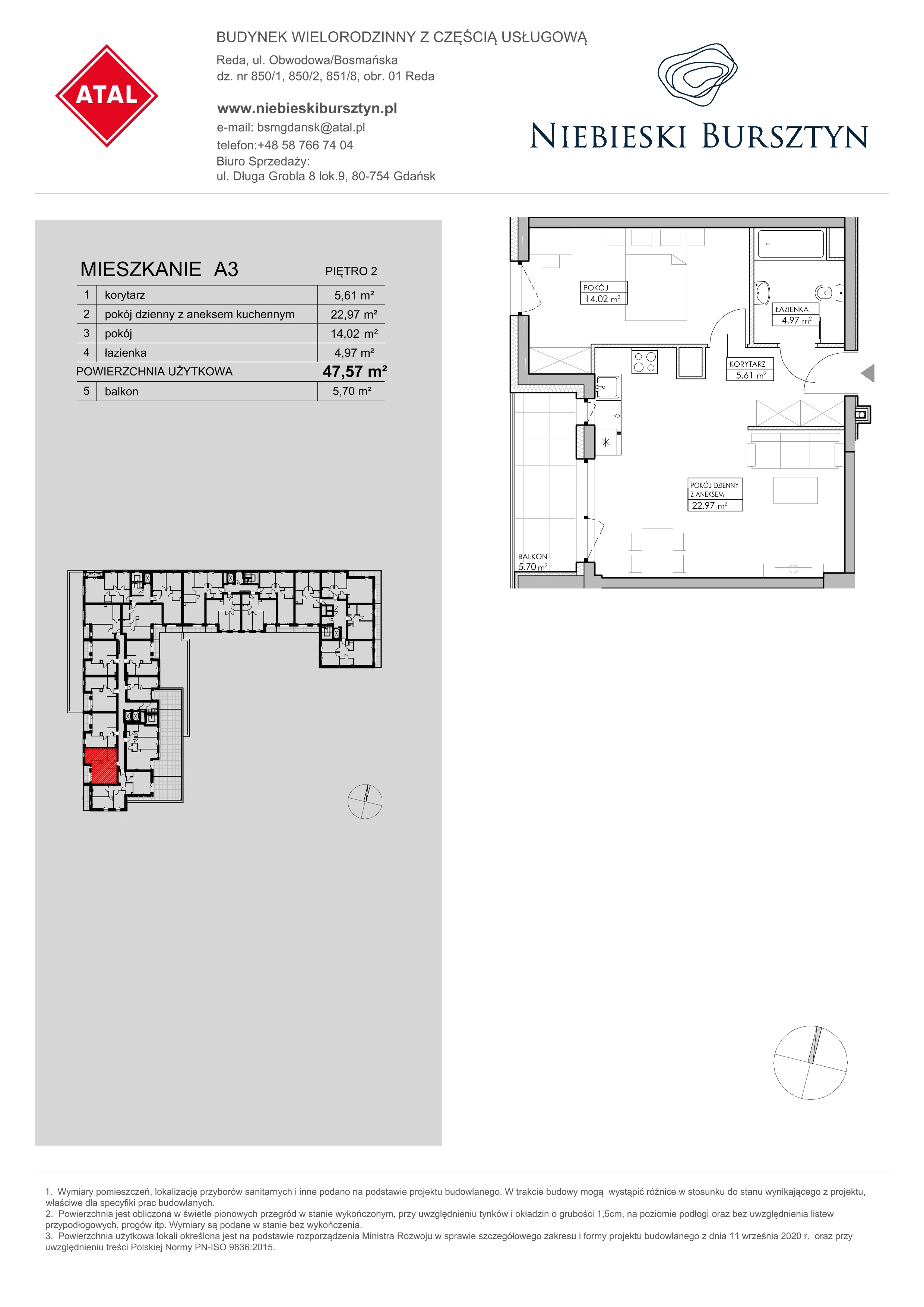 Mieszkanie 47,57 m², piętro 2, oferta nr A3, Niebieski Bursztyn, Reda, ul. Bosmańska