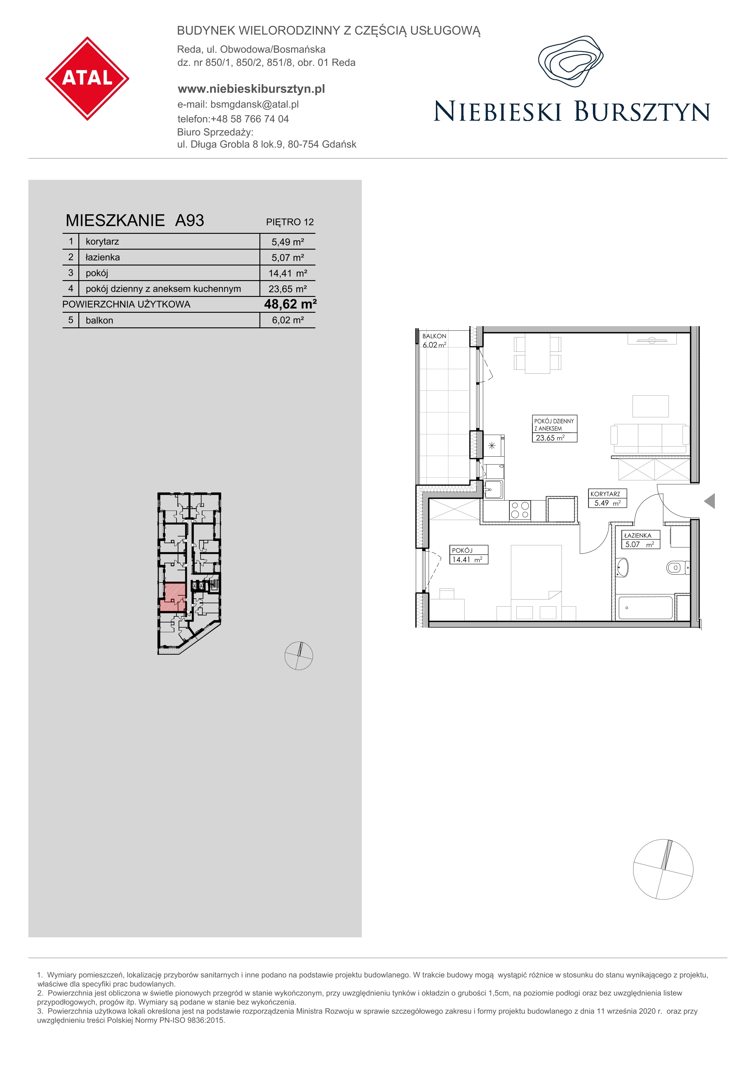 Mieszkanie 48,62 m², piętro 12, oferta nr A93, Niebieski Bursztyn, Reda, ul. Bosmańska