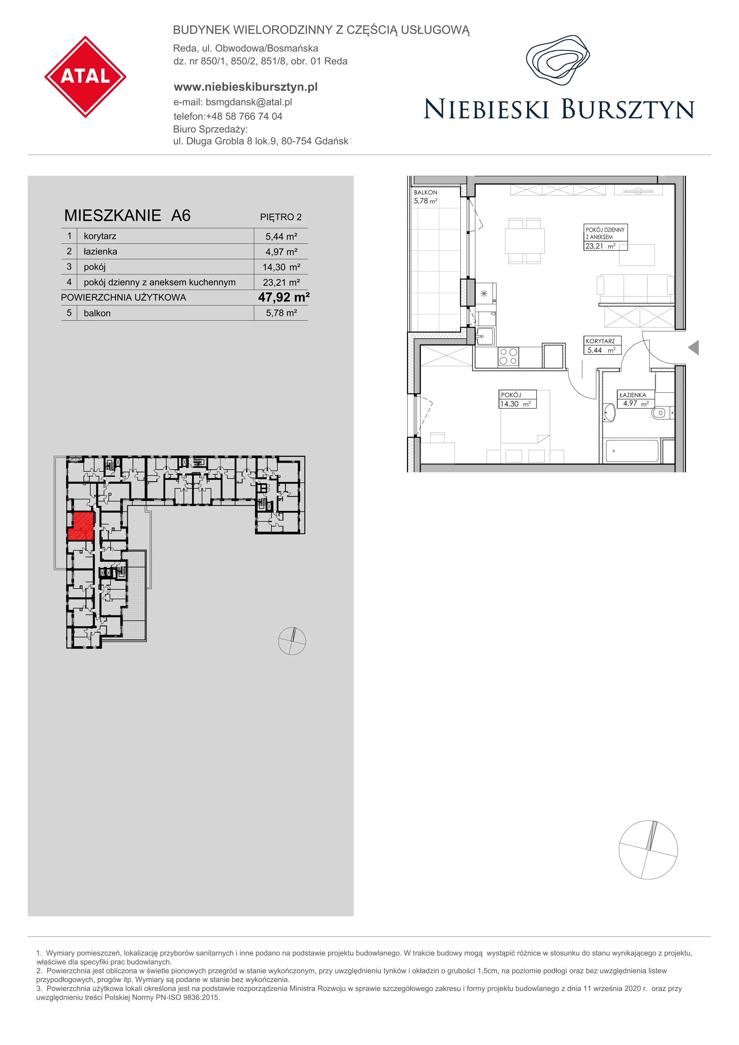 2 pokoje, mieszkanie 47,92 m², piętro 2, oferta nr A6, Niebieski Bursztyn, Reda, ul. Bosmańska