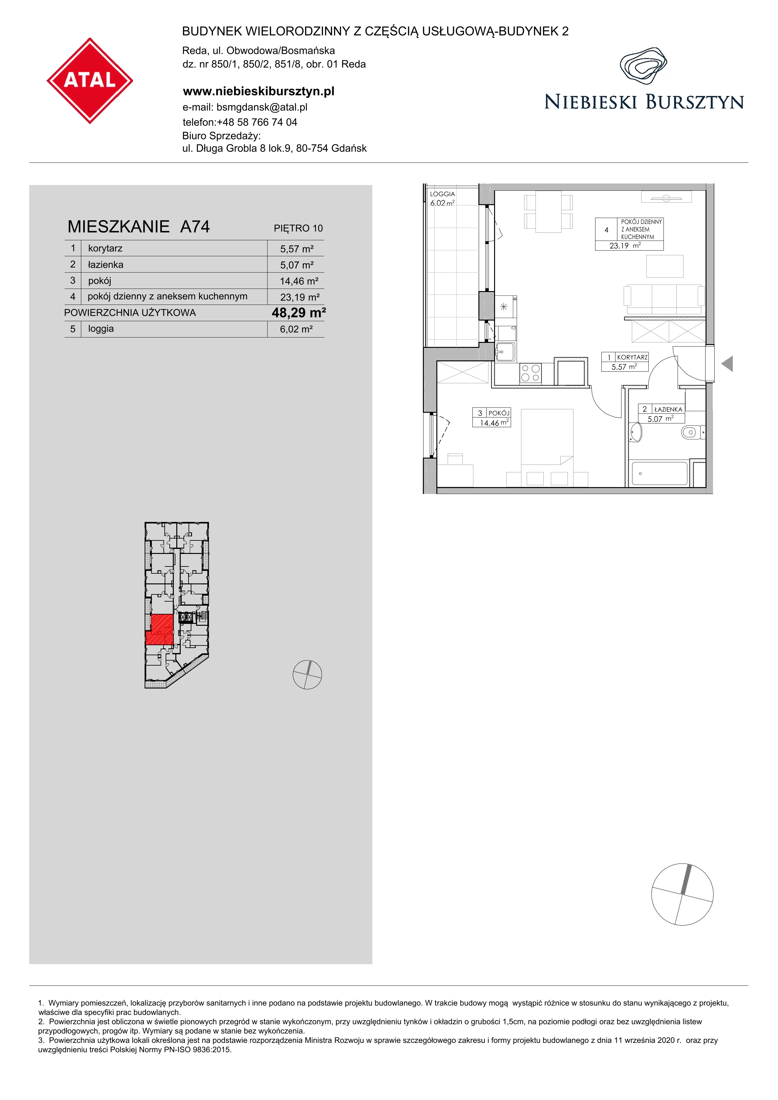 2 pokoje, mieszkanie 48,29 m², piętro 10, oferta nr 2.A74, Niebieski Bursztyn II, Reda, ul. Bosmańska