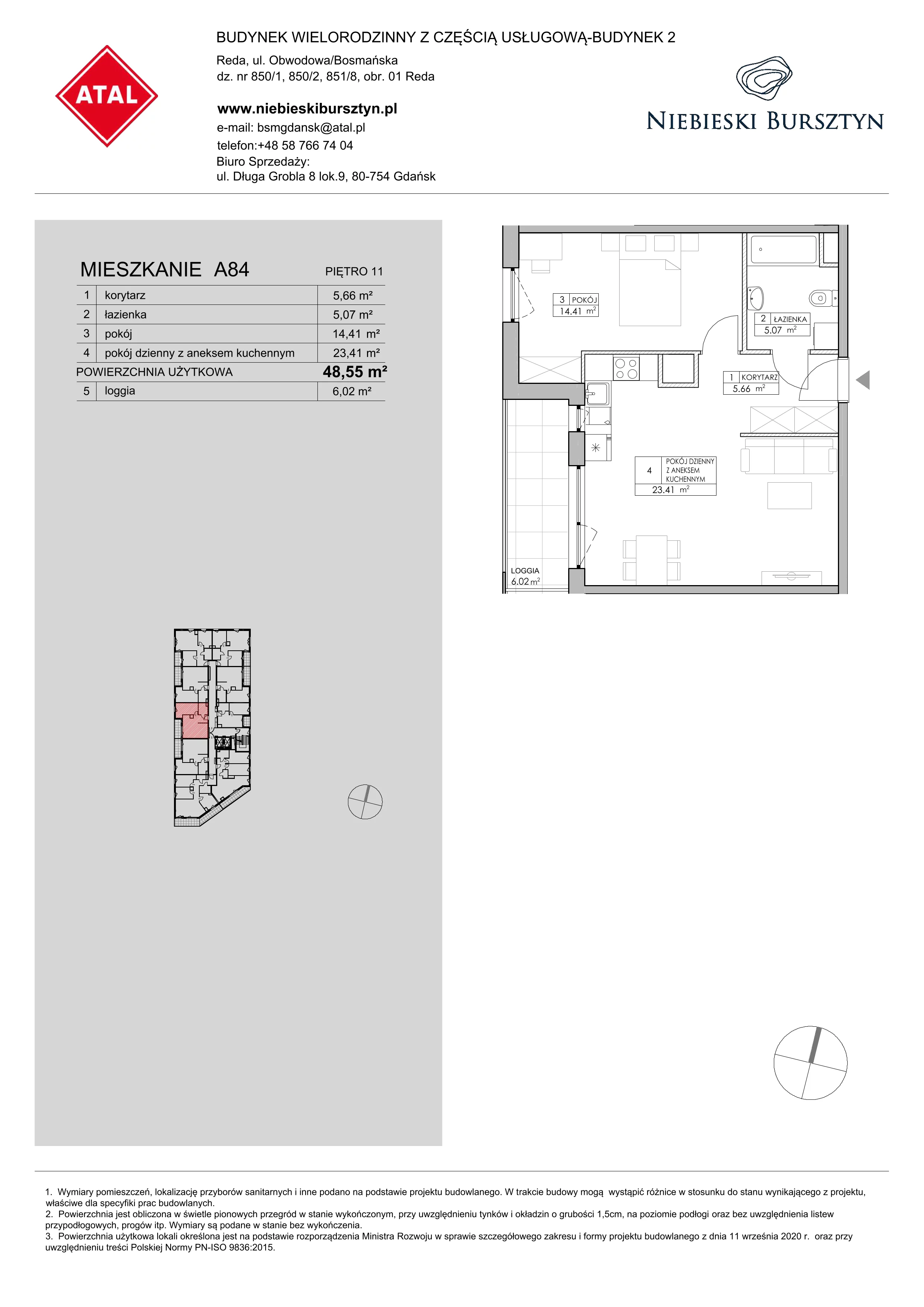 2 pokoje, mieszkanie 48,55 m², piętro 11, oferta nr 2.A84, Niebieski Bursztyn II, Reda, ul. Bosmańska