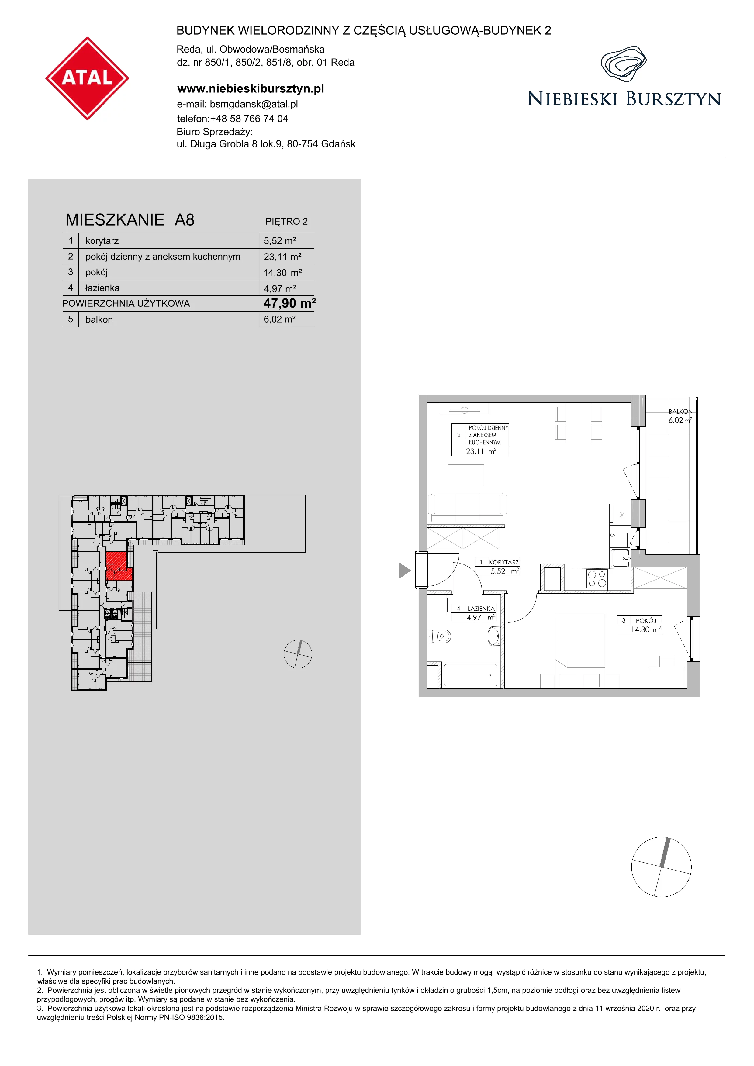 2 pokoje, mieszkanie 47,90 m², piętro 2, oferta nr 2.A8, Niebieski Bursztyn II, Reda, ul. Bosmańska