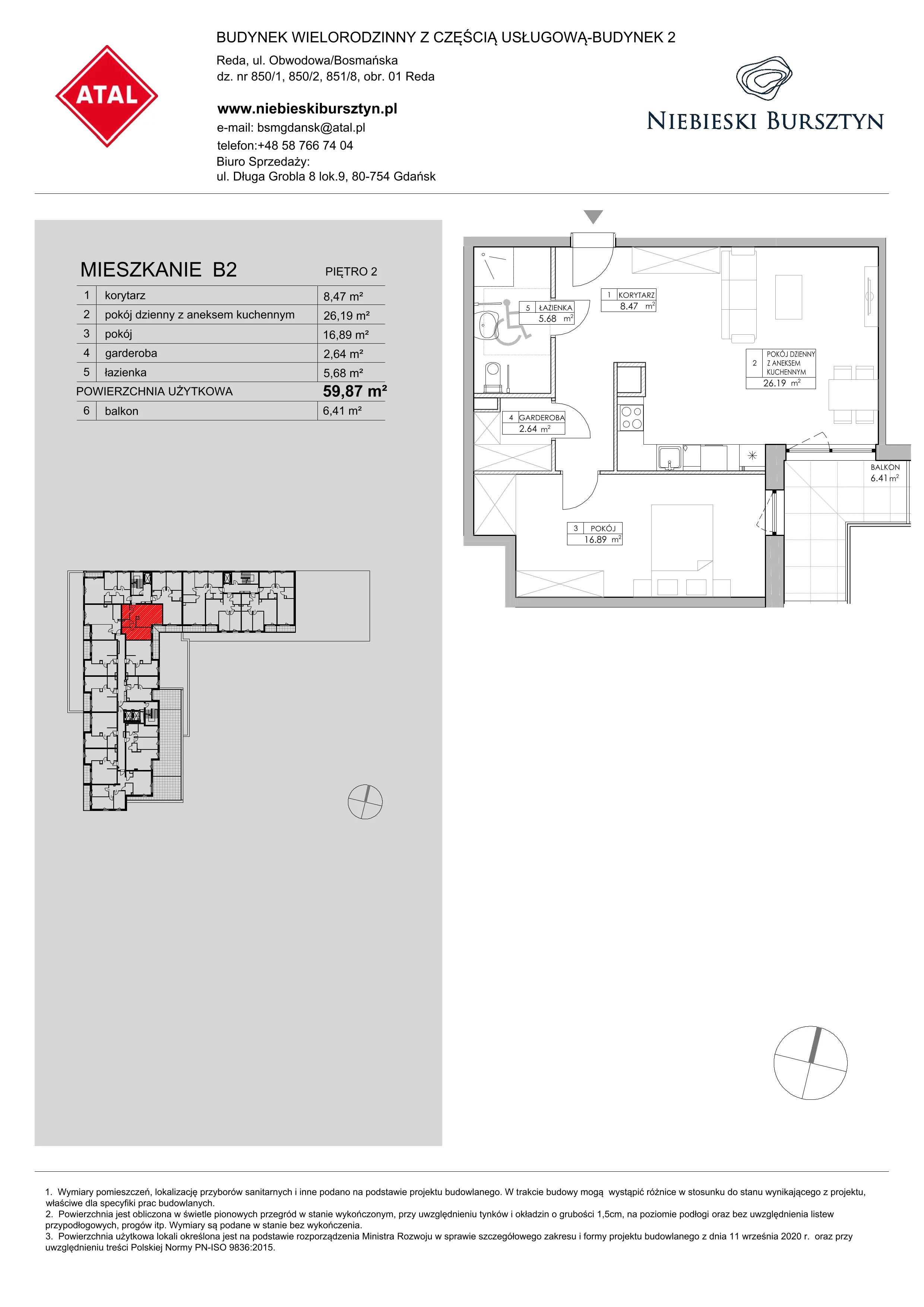 2 pokoje, mieszkanie 59,87 m², piętro 2, oferta nr 2.B2, Niebieski Bursztyn II, Reda, ul. Bosmańska
