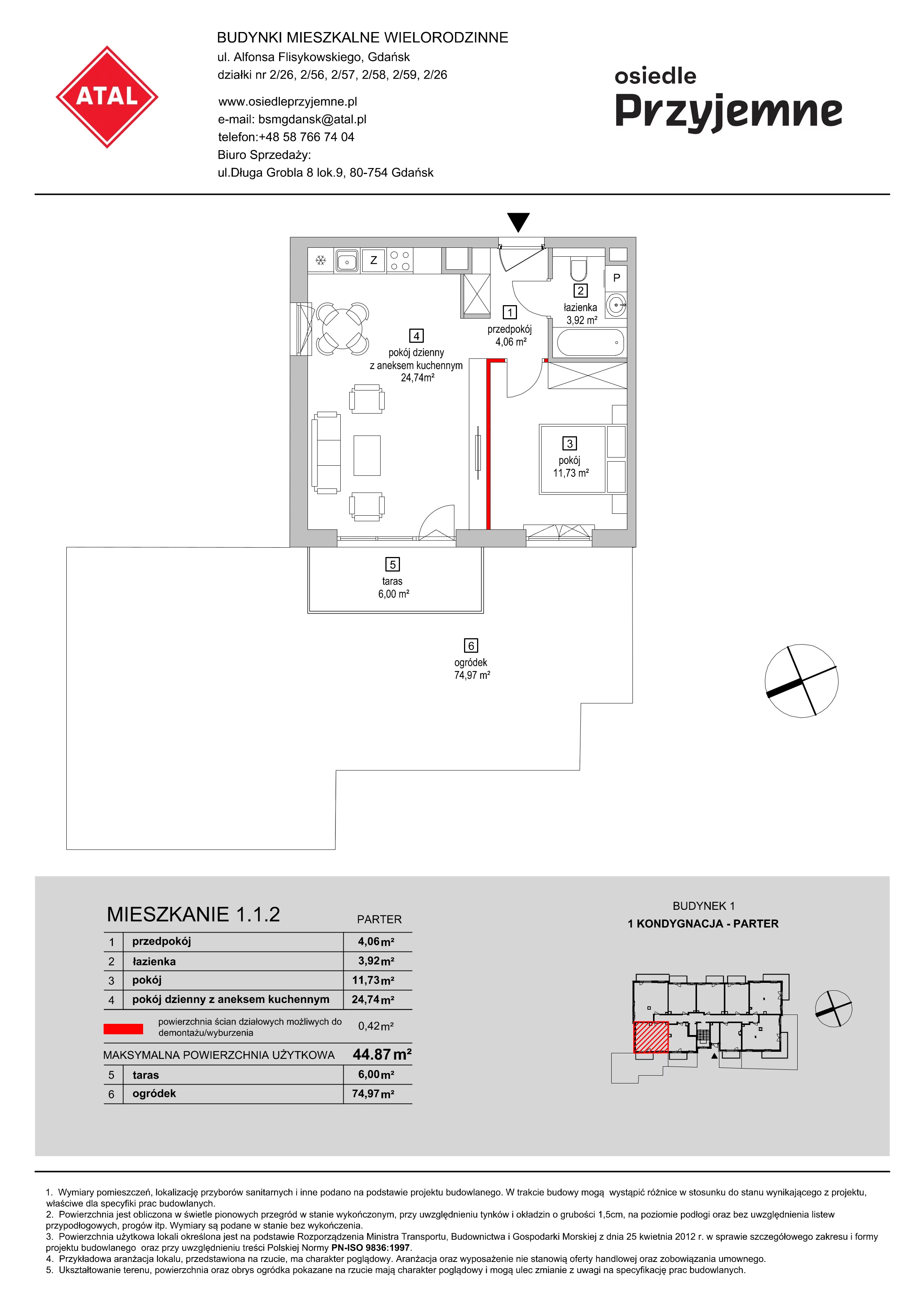 Mieszkanie 44,87 m², parter, oferta nr 1.1.2, Osiedle Przyjemne - etap I, Gdańsk, Jasień, ul. Flisykowskiego