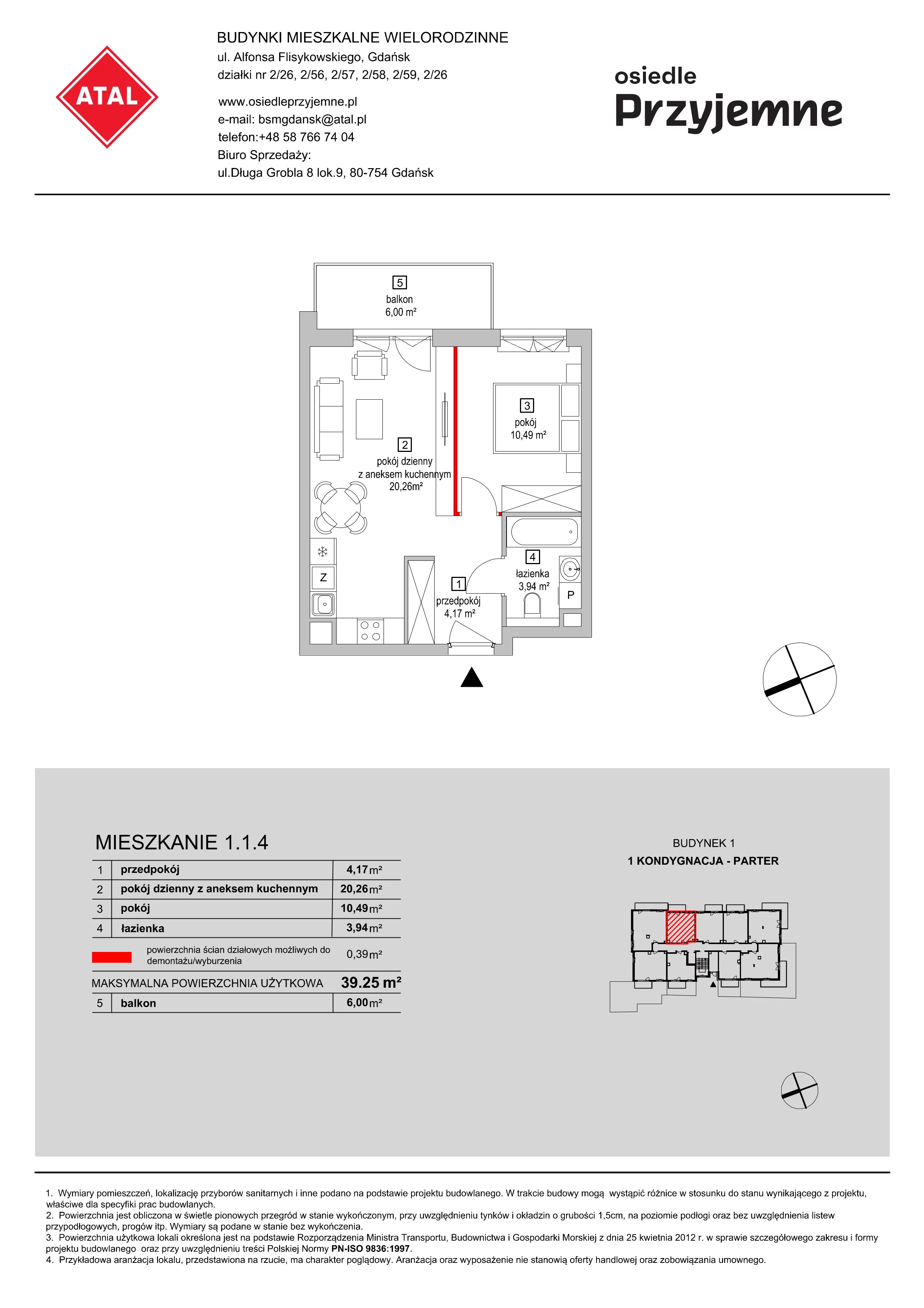 Mieszkanie 39,25 m², parter, oferta nr 1.1.4, Osiedle Przyjemne - etap I, Gdańsk, Jasień, ul. Flisykowskiego