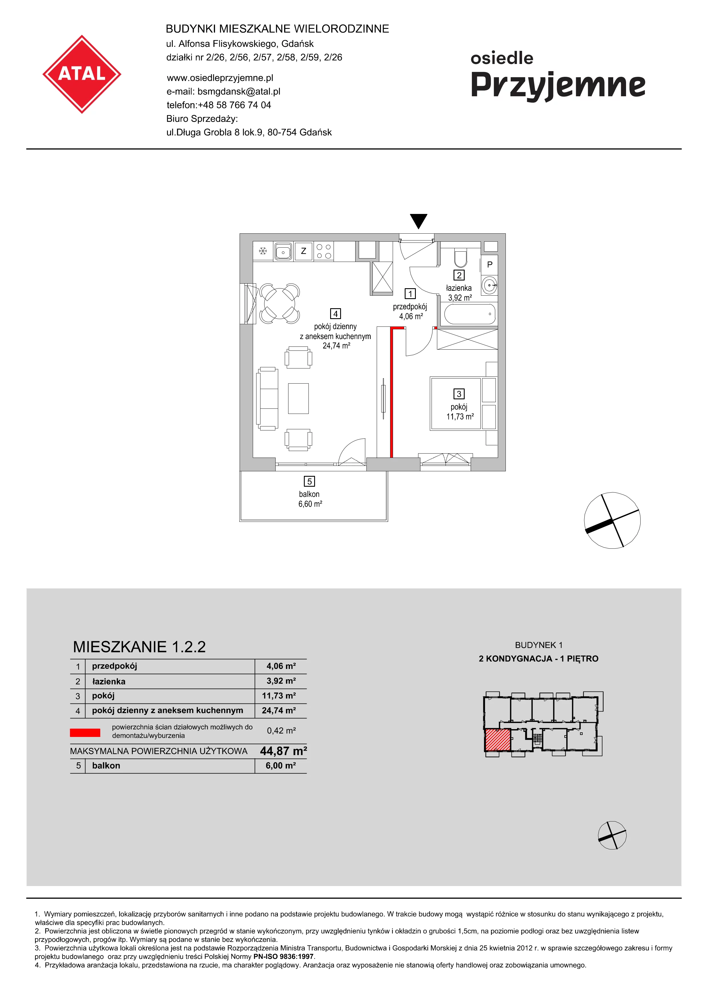 Mieszkanie 44,87 m², piętro 1, oferta nr 1.2.2, Osiedle Przyjemne - etap I, Gdańsk, Jasień, ul. Flisykowskiego