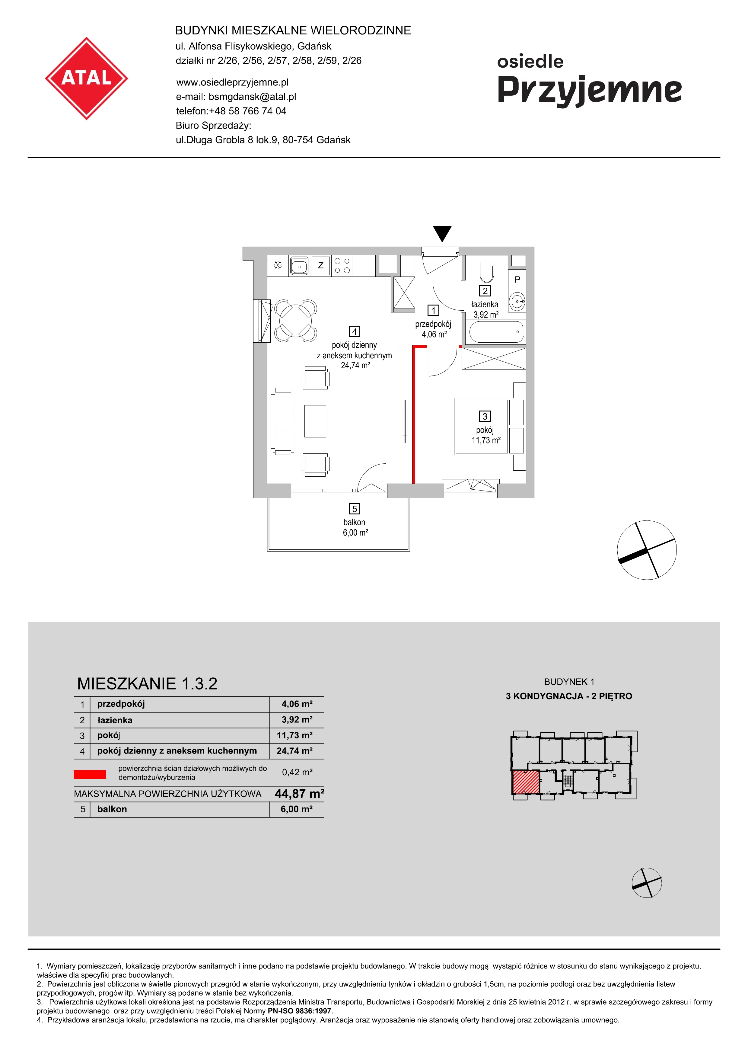 Mieszkanie 44,87 m², piętro 2, oferta nr 1.3.2, Osiedle Przyjemne - etap I, Gdańsk, Jasień, ul. Flisykowskiego