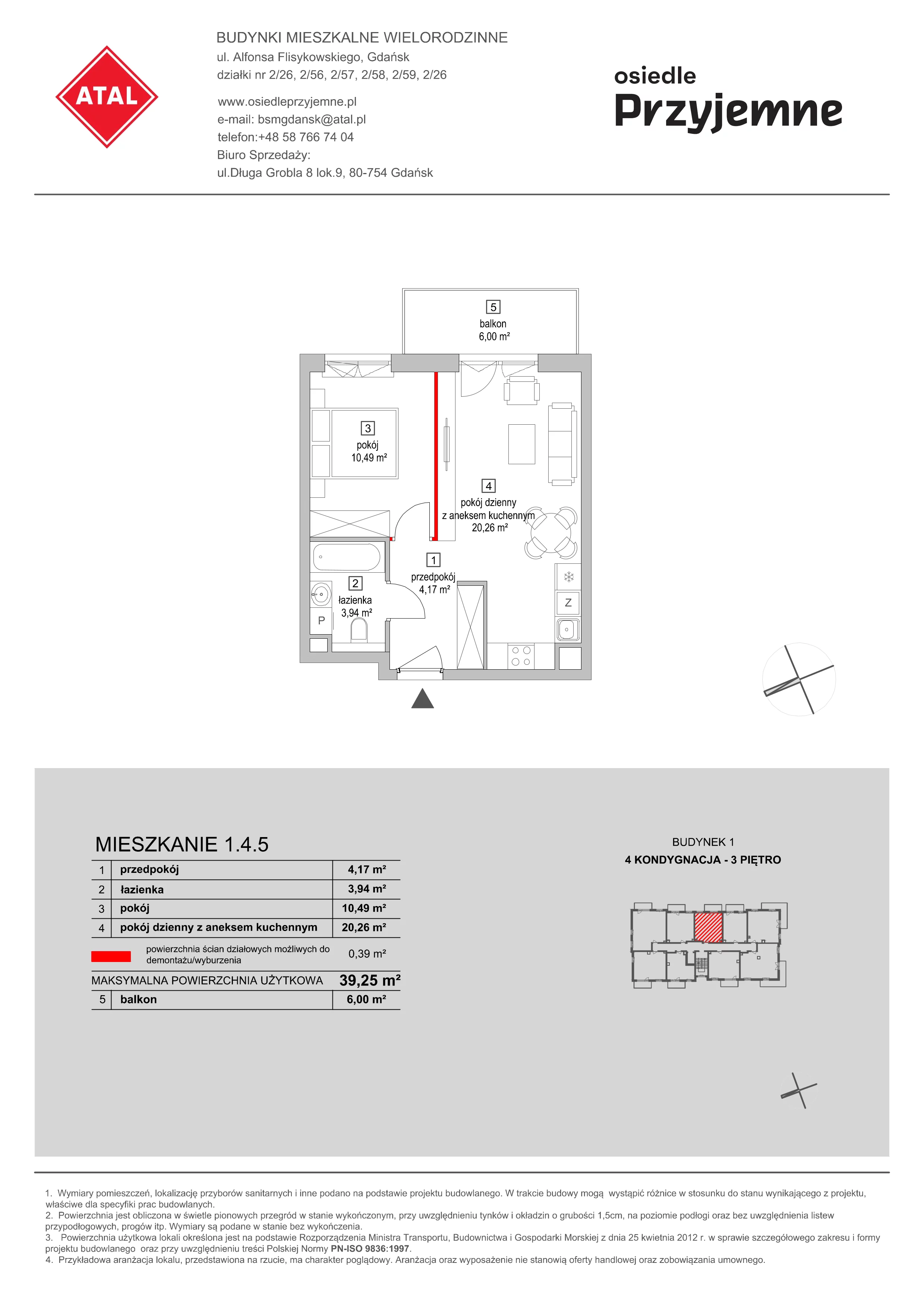 Mieszkanie 39,25 m², piętro 3, oferta nr 1.4.5, Osiedle Przyjemne - etap I, Gdańsk, Jasień, ul. Flisykowskiego