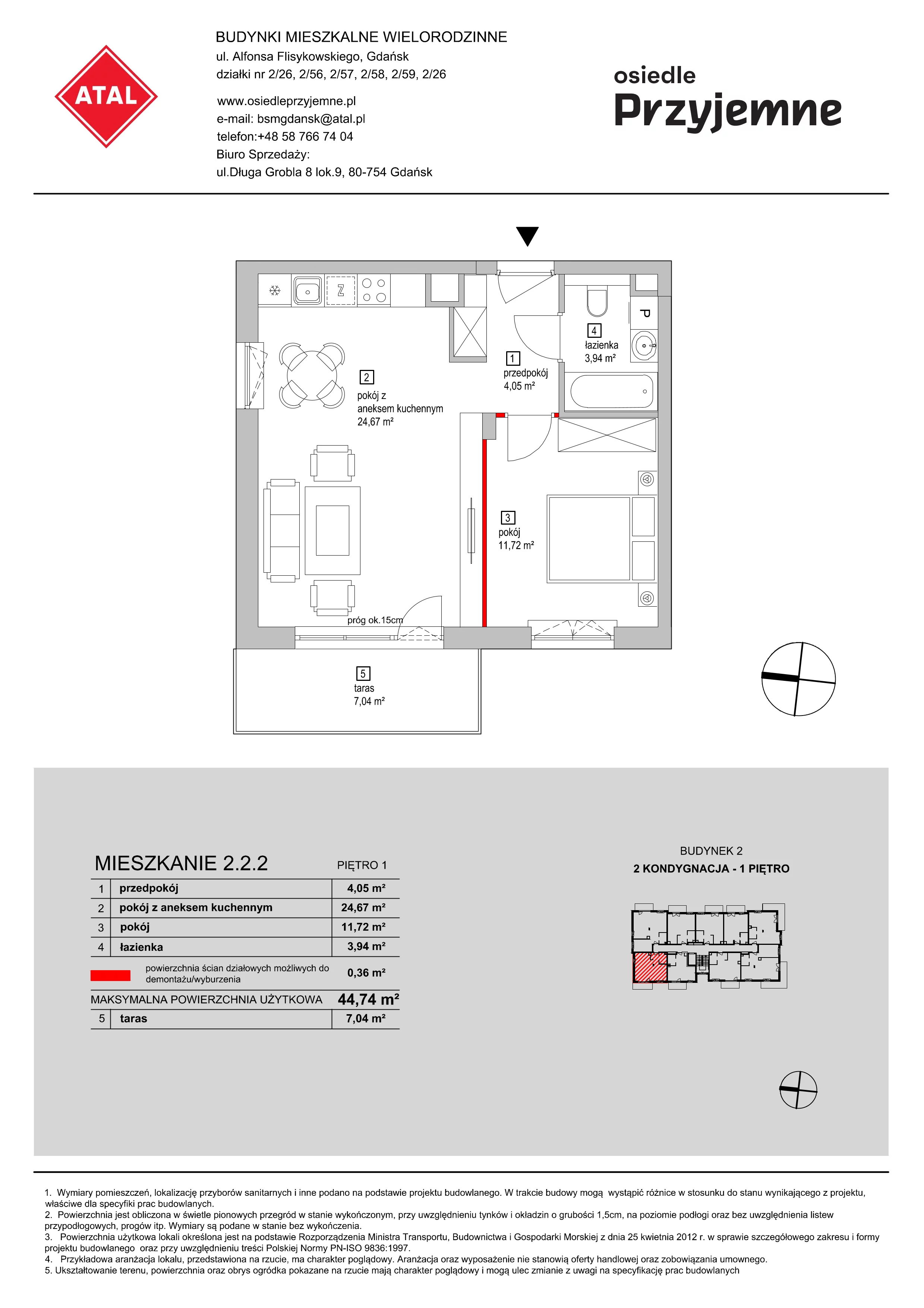 Mieszkanie 44,74 m², piętro 1, oferta nr 2.2.2, Osiedle Przyjemne - etap I, Gdańsk, Jasień, ul. Flisykowskiego