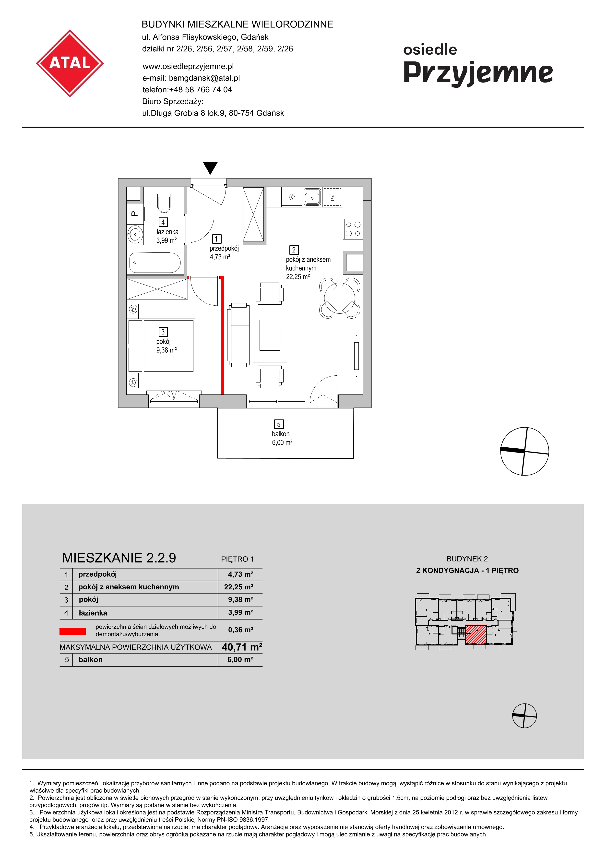 Mieszkanie 40,71 m², piętro 1, oferta nr 2.2.9, Osiedle Przyjemne - etap I, Gdańsk, Jasień, ul. Flisykowskiego