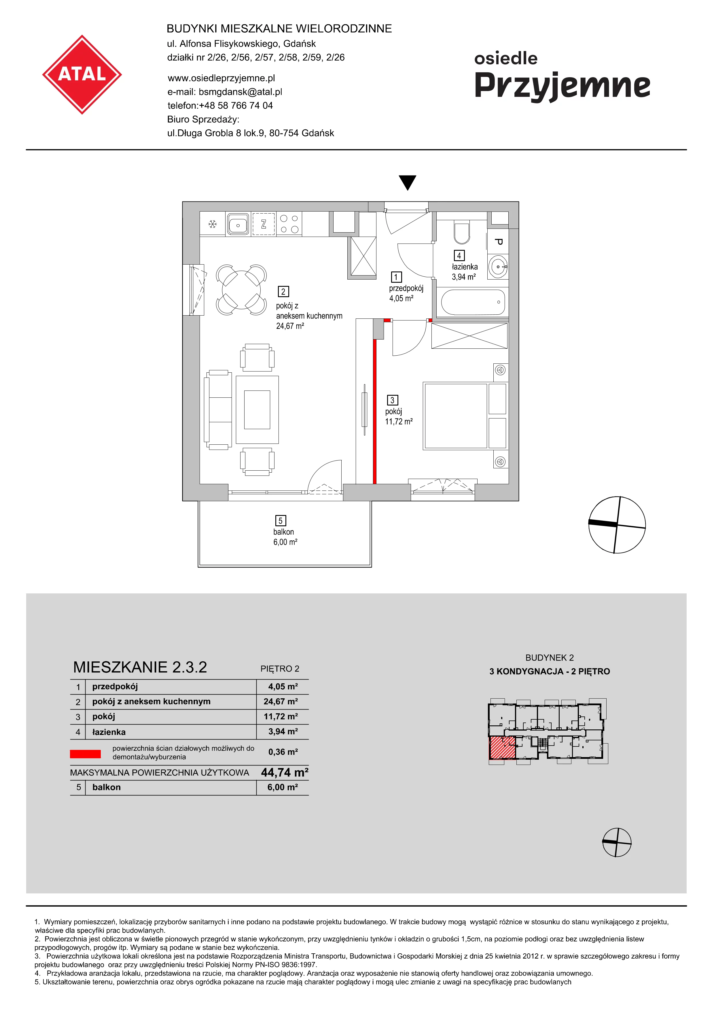 Mieszkanie 44,74 m², piętro 2, oferta nr 2.3.2, Osiedle Przyjemne - etap I, Gdańsk, Jasień, ul. Flisykowskiego