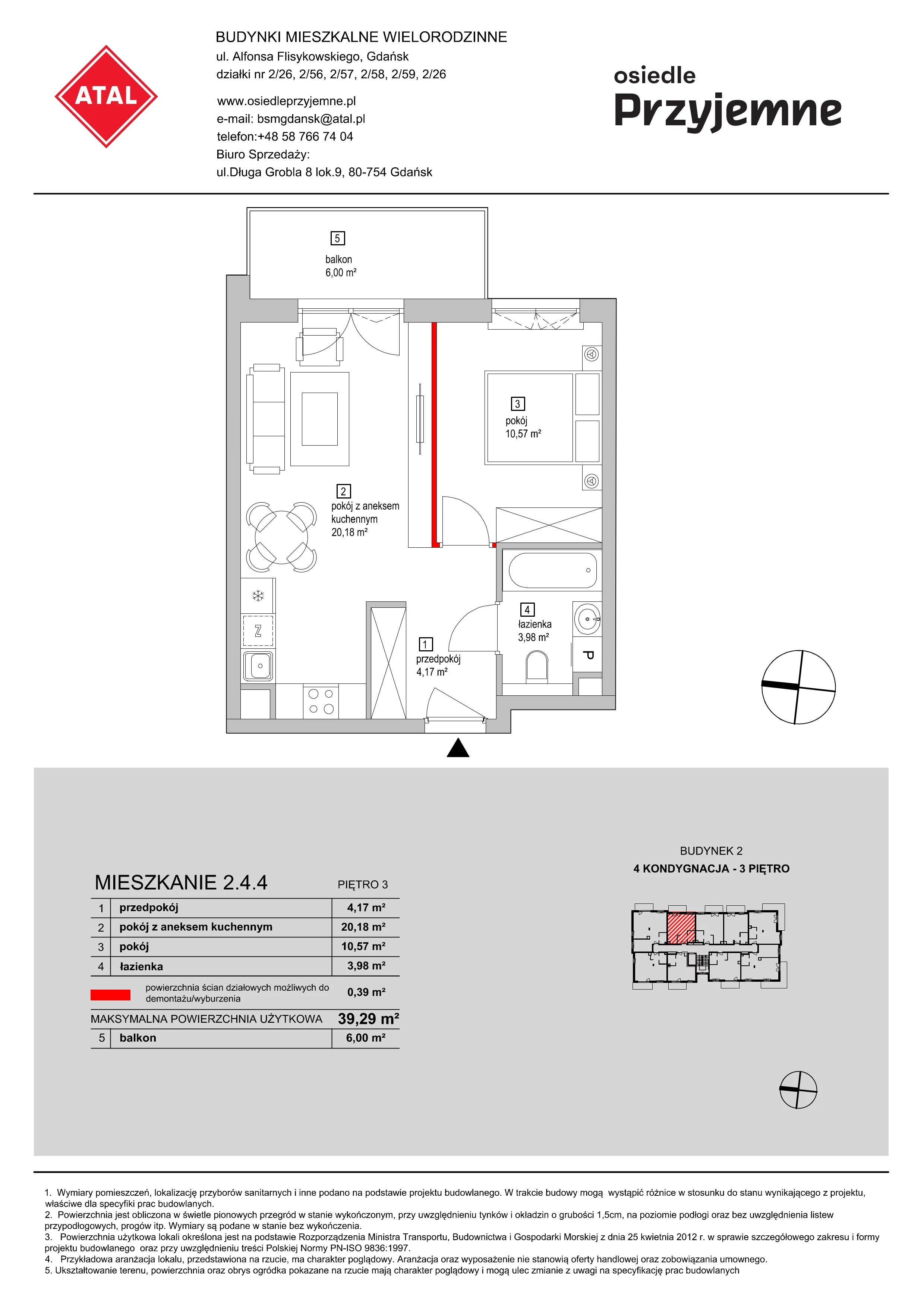 Mieszkanie 39,29 m², piętro 3, oferta nr 2.4.4, Osiedle Przyjemne - etap I, Gdańsk, Jasień, ul. Flisykowskiego