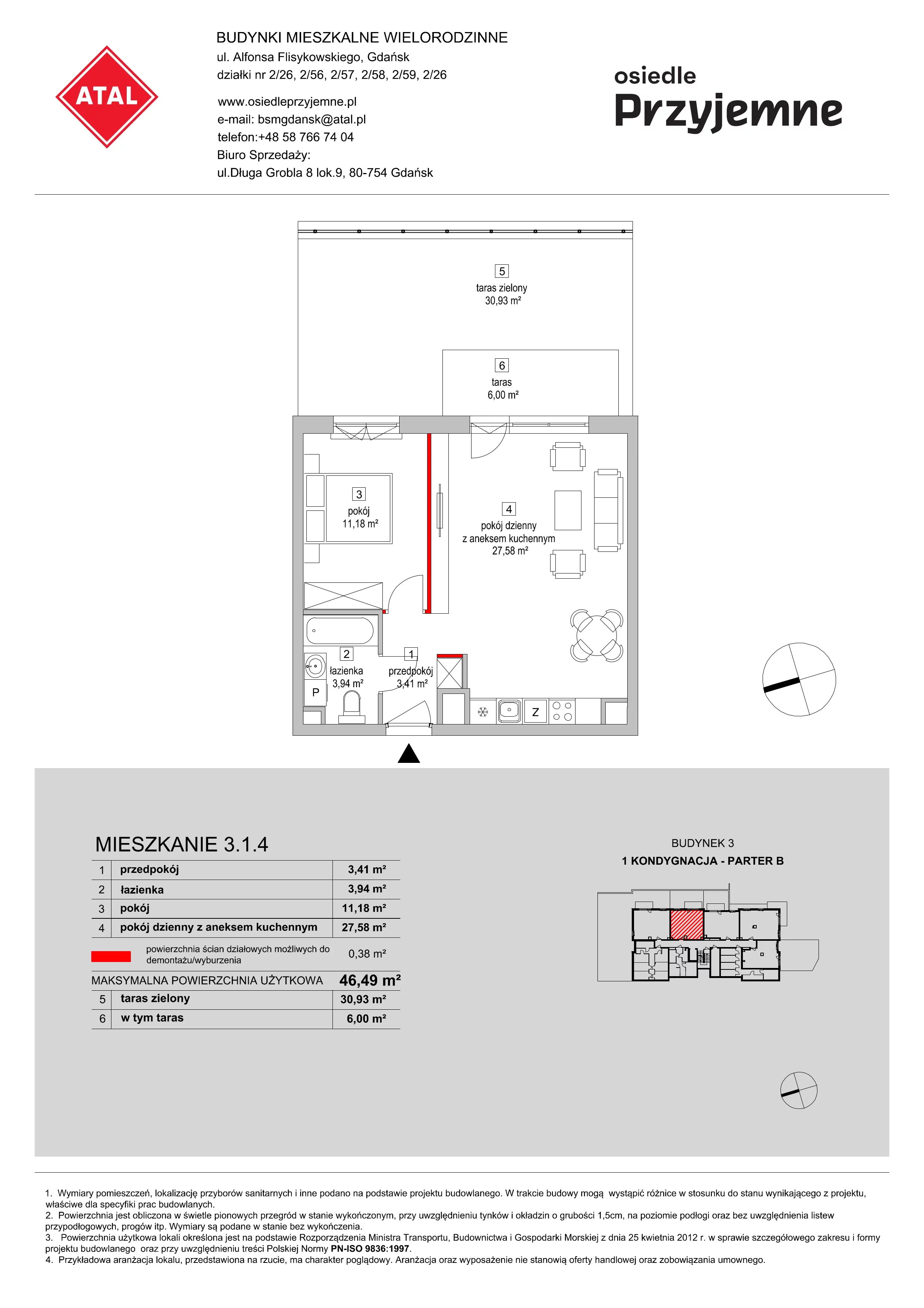 Mieszkanie 46,49 m², parter, oferta nr 3.1.4, Osiedle Przyjemne - etap II, Gdańsk, Jasień, ul. Flisykowskiego