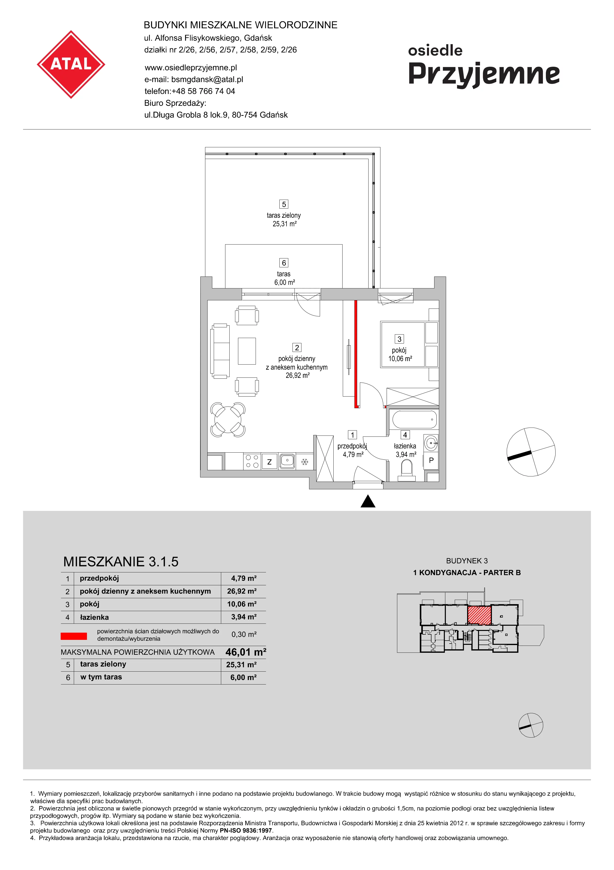 Mieszkanie 46,01 m², parter, oferta nr 3.1.5, Osiedle Przyjemne - etap II, Gdańsk, Jasień, ul. Flisykowskiego