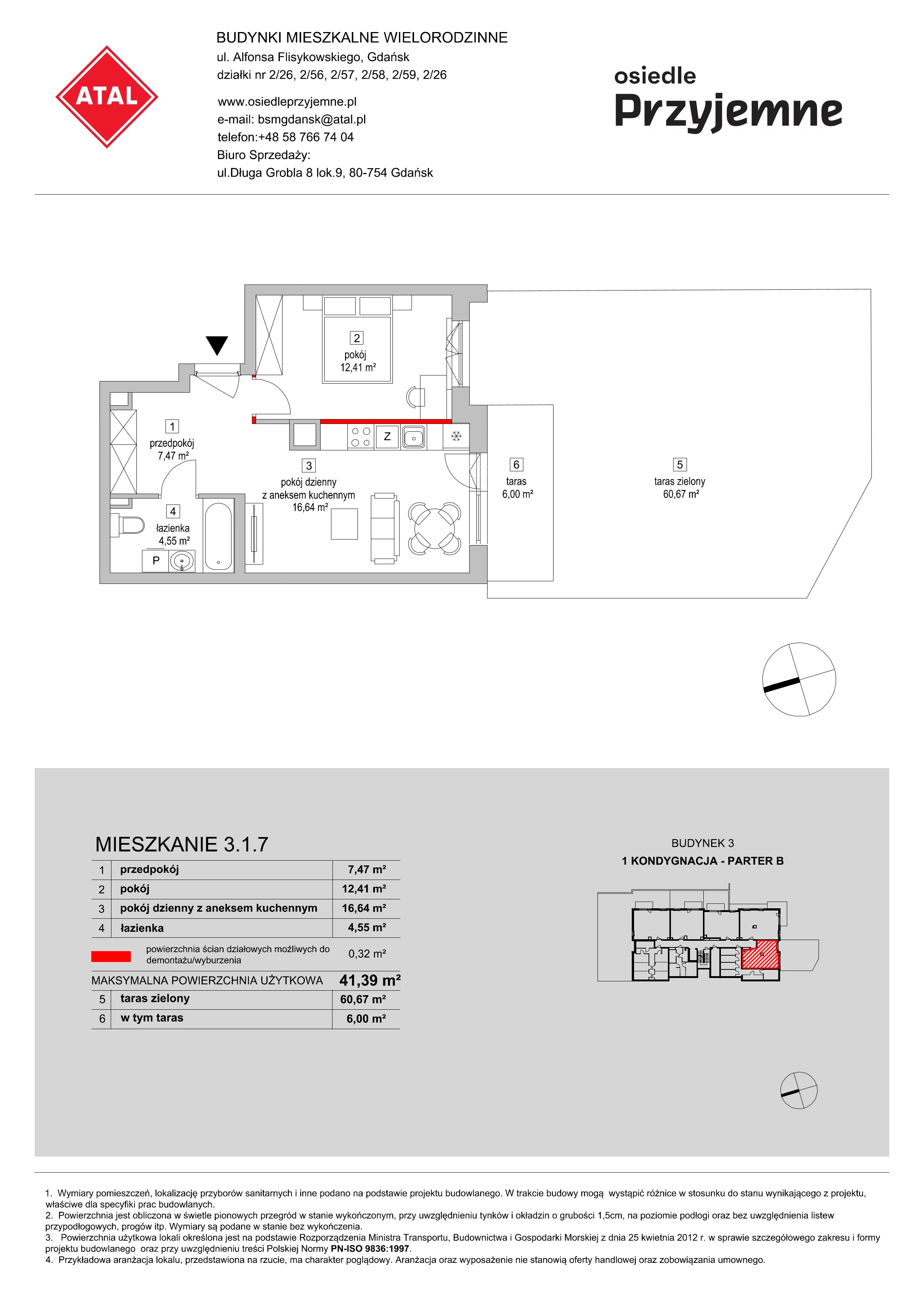 Mieszkanie 41,39 m², parter, oferta nr 3.1.7, Osiedle Przyjemne - etap II, Gdańsk, Jasień, ul. Flisykowskiego