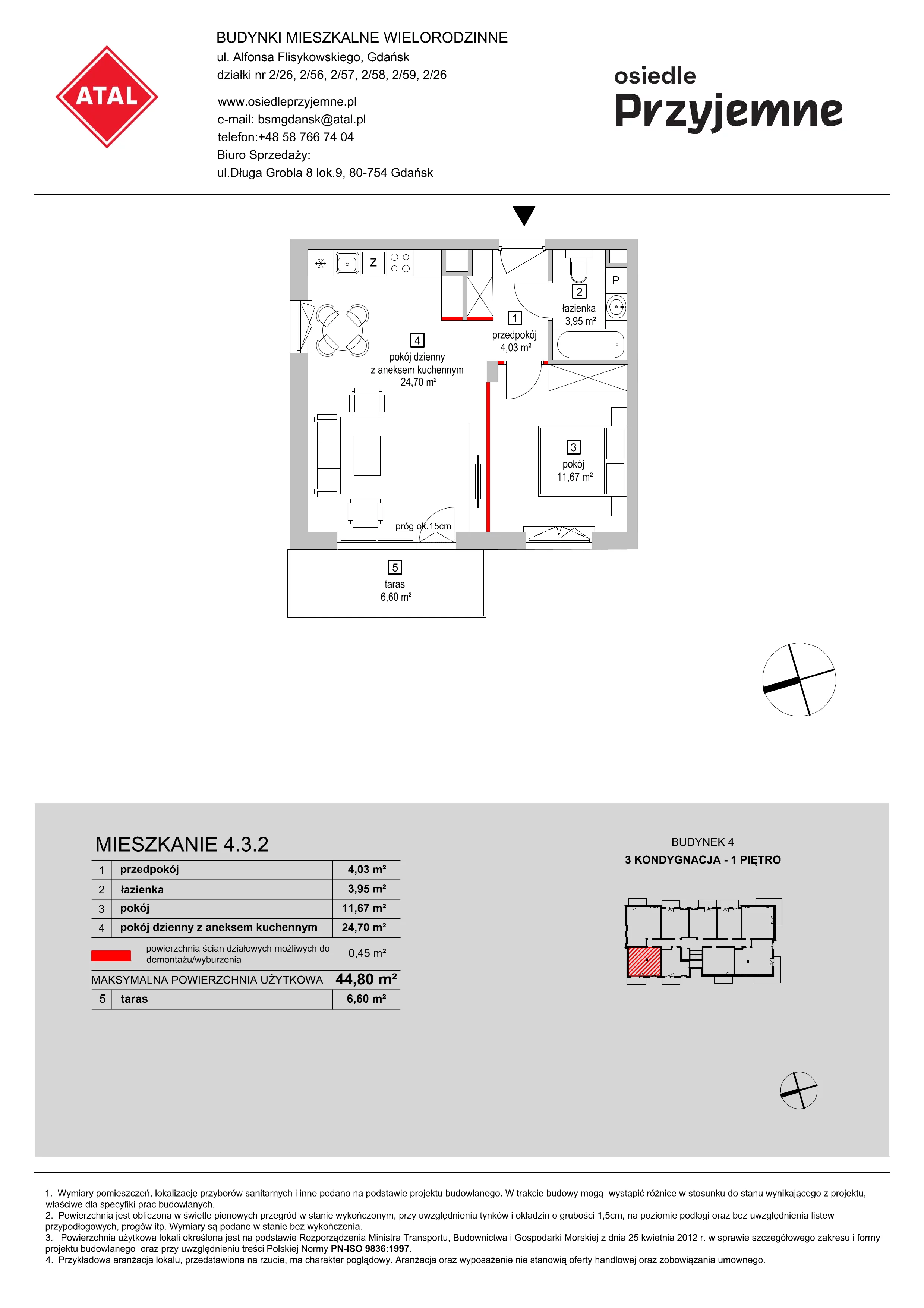 Mieszkanie 44,80 m², piętro 1, oferta nr 4.3.2, Osiedle Przyjemne - etap II, Gdańsk, Jasień, ul. Flisykowskiego