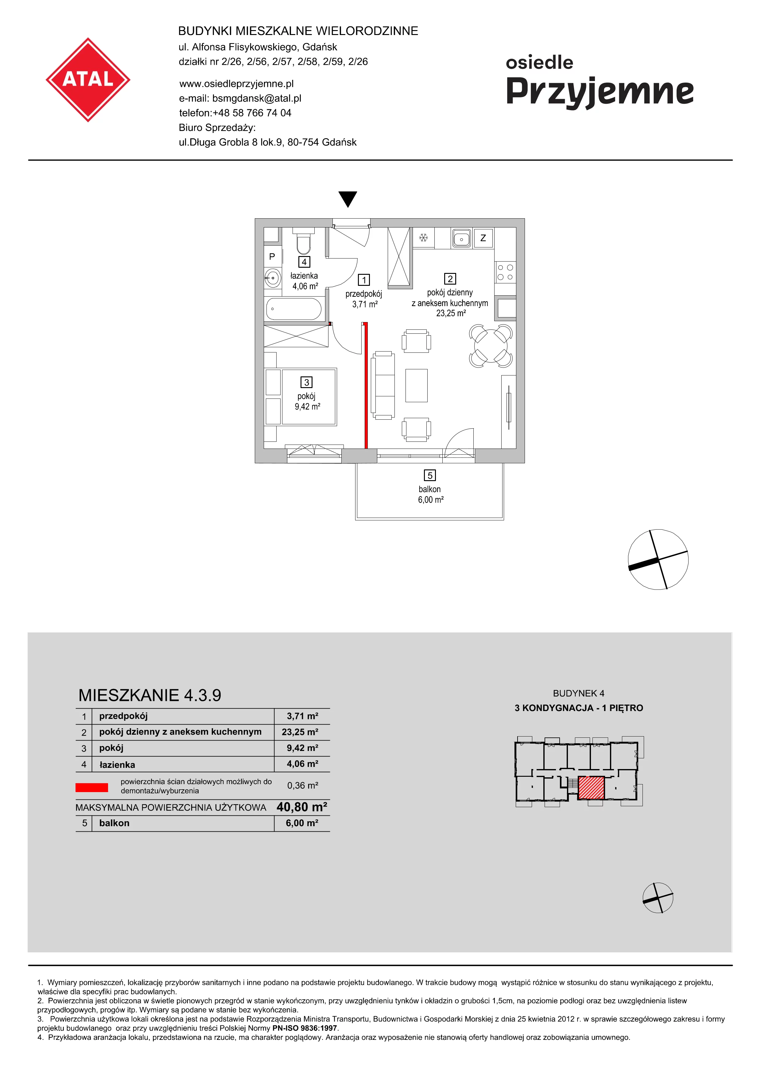 Mieszkanie 40,80 m², piętro 1, oferta nr 4.3.9, Osiedle Przyjemne - etap II, Gdańsk, Jasień, ul. Flisykowskiego