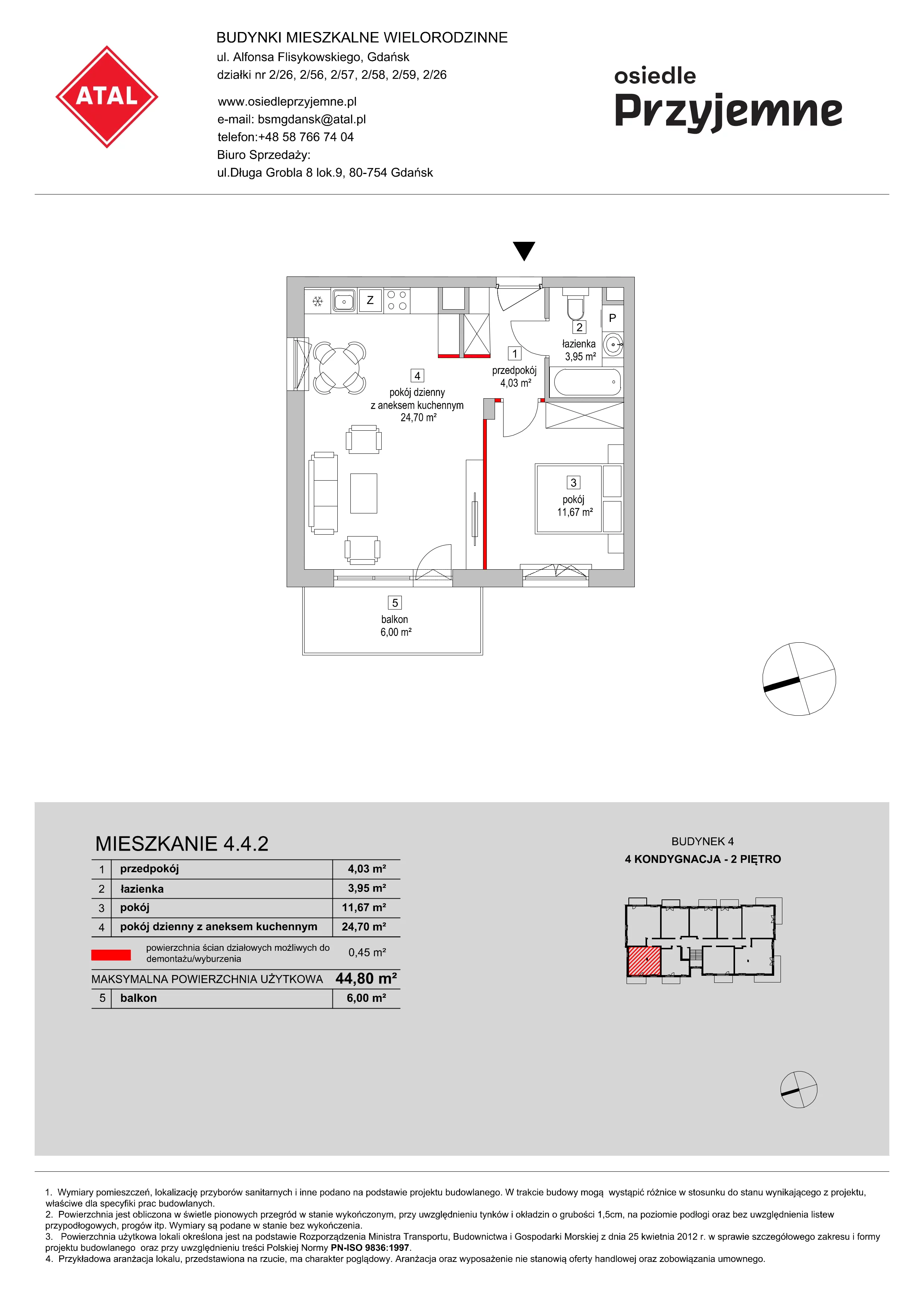 Mieszkanie 44,80 m², piętro 2, oferta nr 4.4.2, Osiedle Przyjemne - etap II, Gdańsk, Jasień, ul. Flisykowskiego