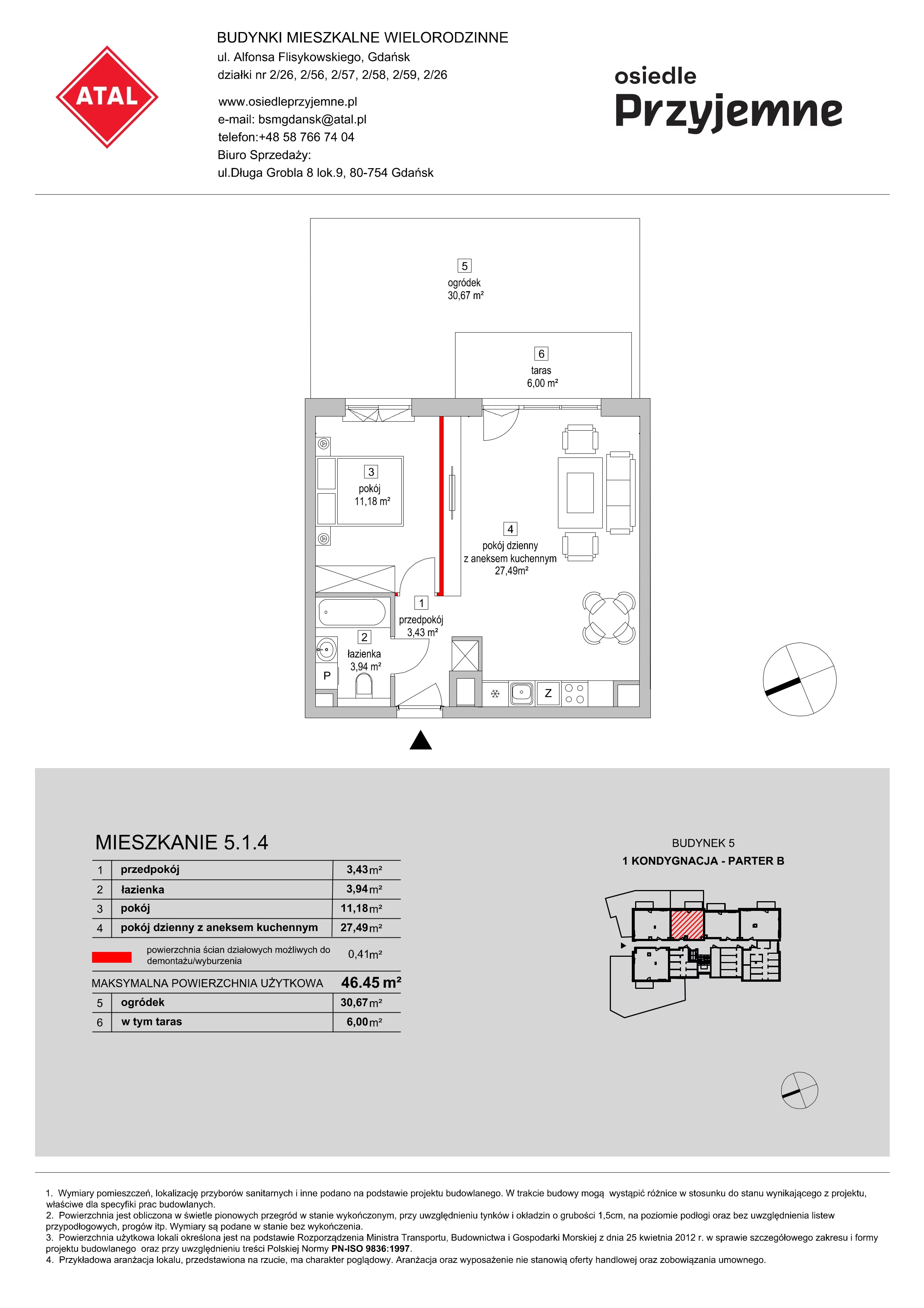 Mieszkanie 46,45 m², parter, oferta nr 5.1.4, Osiedle Przyjemne - etap II, Gdańsk, Jasień, ul. Flisykowskiego