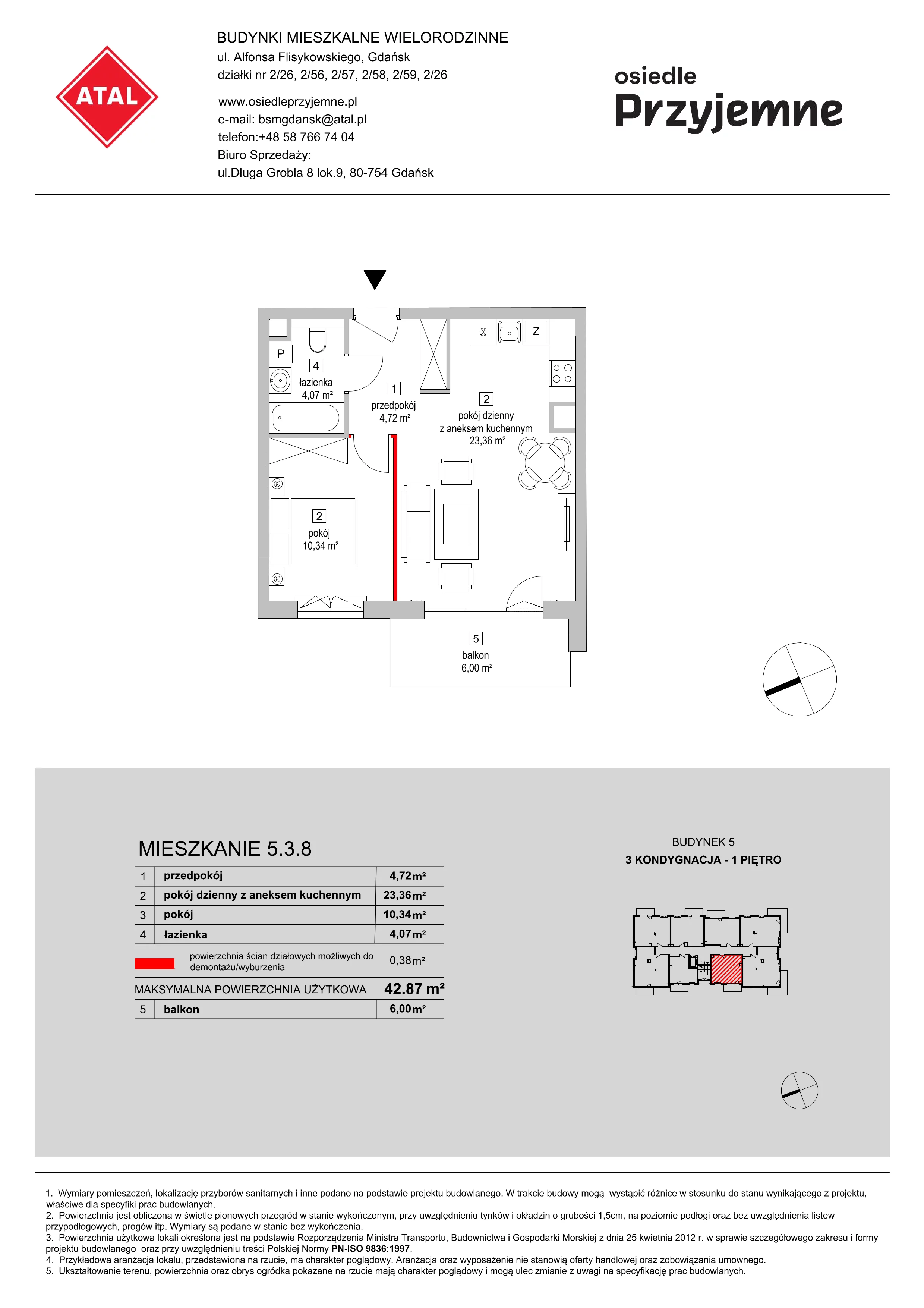 Mieszkanie 42,87 m², piętro 1, oferta nr 5.3.8, Osiedle Przyjemne - etap II, Gdańsk, Jasień, ul. Flisykowskiego