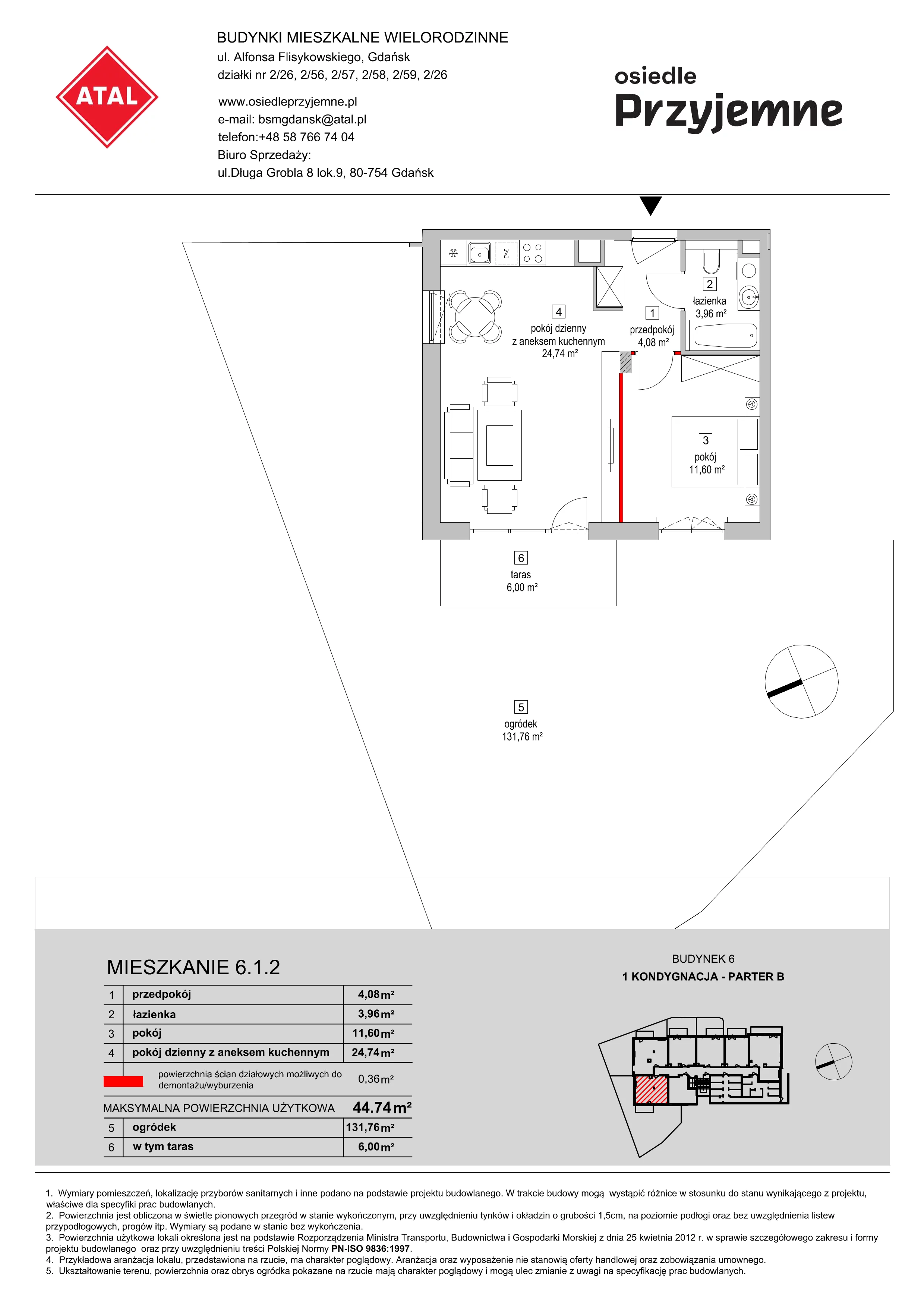 Mieszkanie 44,74 m², parter, oferta nr 6.1.2, Osiedle Przyjemne - etap III, Gdańsk, Jasień, ul. Flisykowskiego