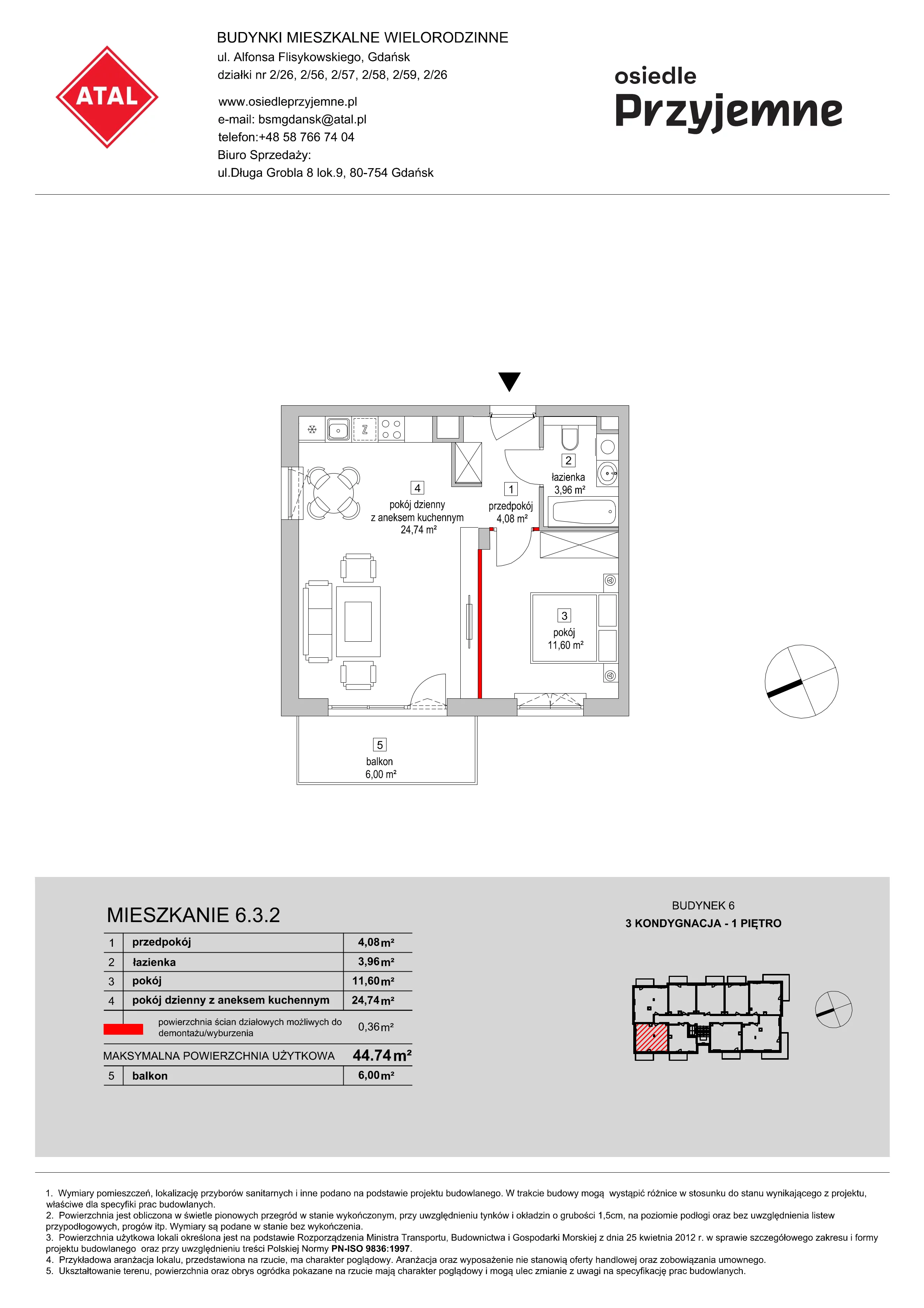 Mieszkanie 44,74 m², piętro 1, oferta nr 6.3.2, Osiedle Przyjemne - etap III, Gdańsk, Jasień, ul. Flisykowskiego