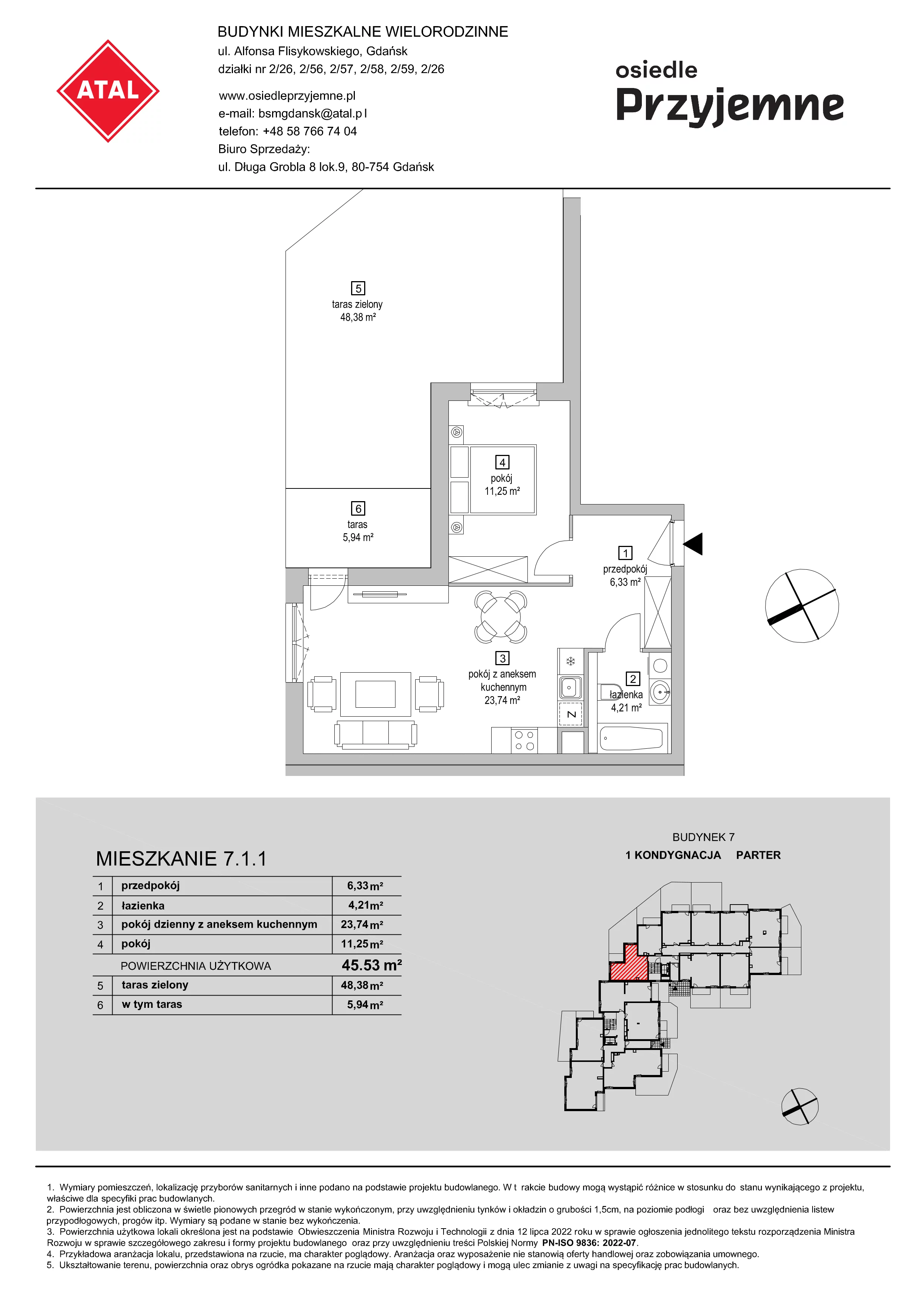 2 pokoje, mieszkanie 45,53 m², parter, oferta nr 7.1.1, Osiedle Przyjemne - etap IV, Gdańsk, Jasień, ul. Flisykowskiego