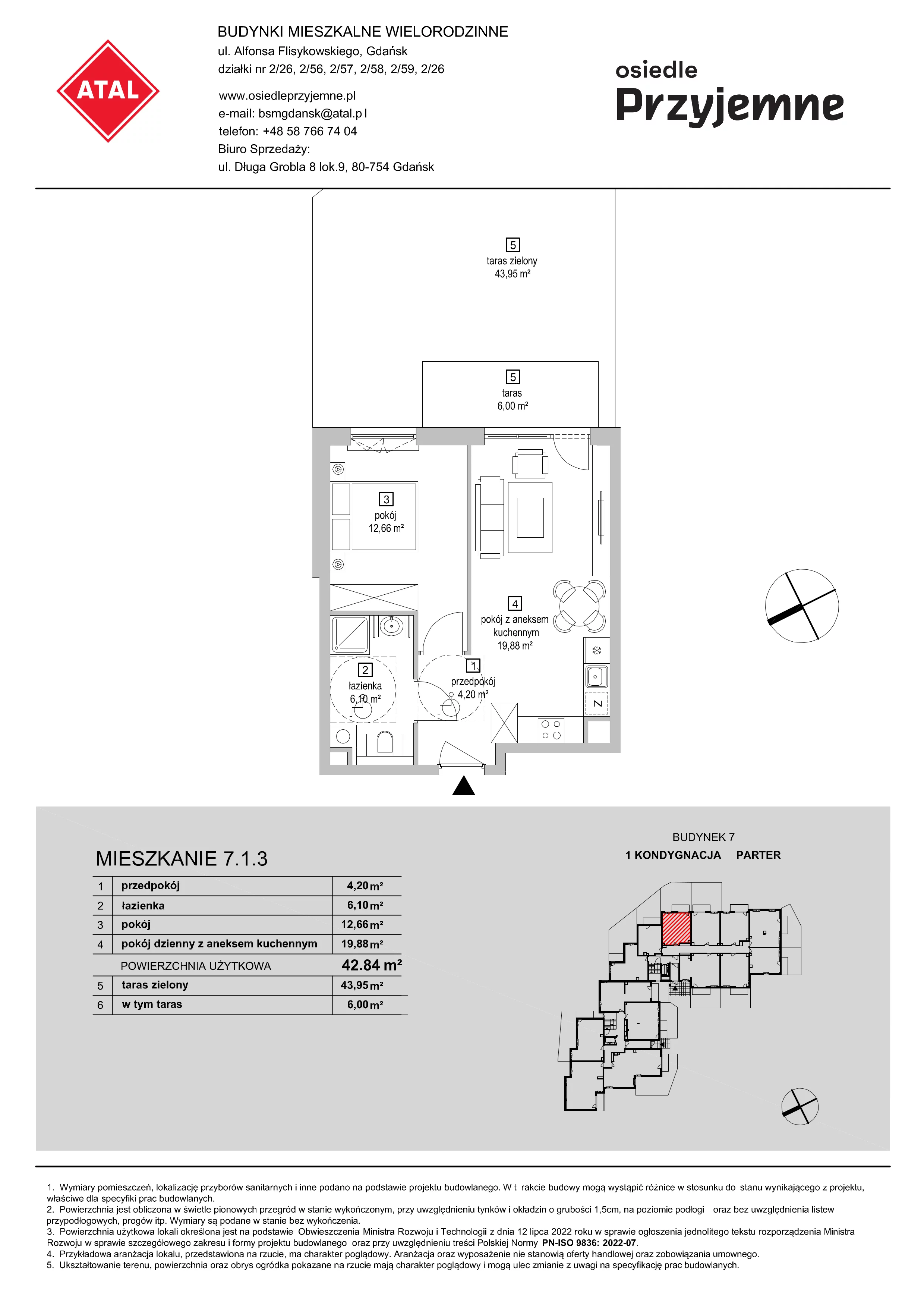 2 pokoje, mieszkanie 42,84 m², parter, oferta nr 7.1.3, Osiedle Przyjemne - etap IV, Gdańsk, Jasień, ul. Flisykowskiego