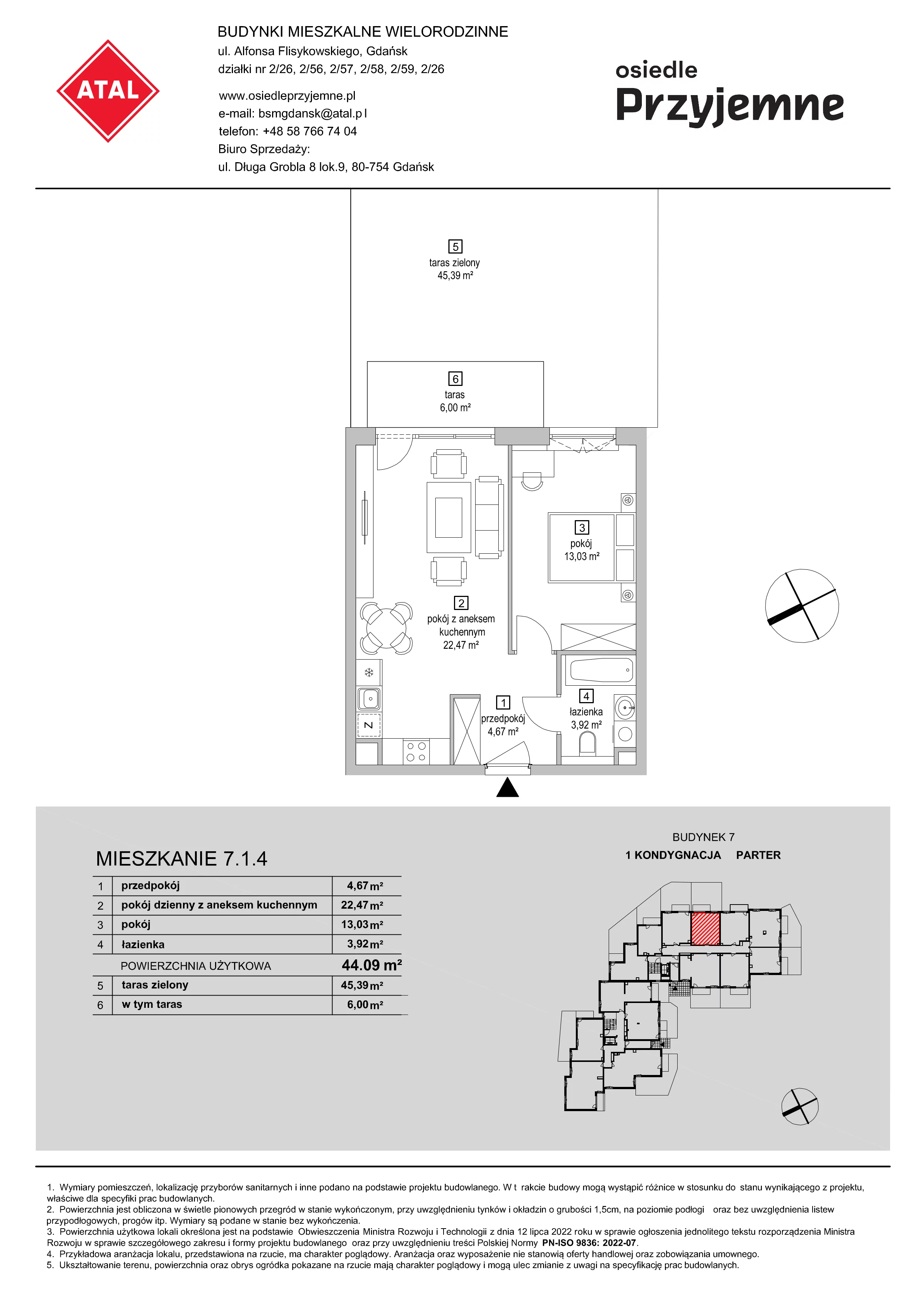 2 pokoje, mieszkanie 44,09 m², parter, oferta nr 7.1.4, Osiedle Przyjemne - etap IV, Gdańsk, Jasień, ul. Flisykowskiego