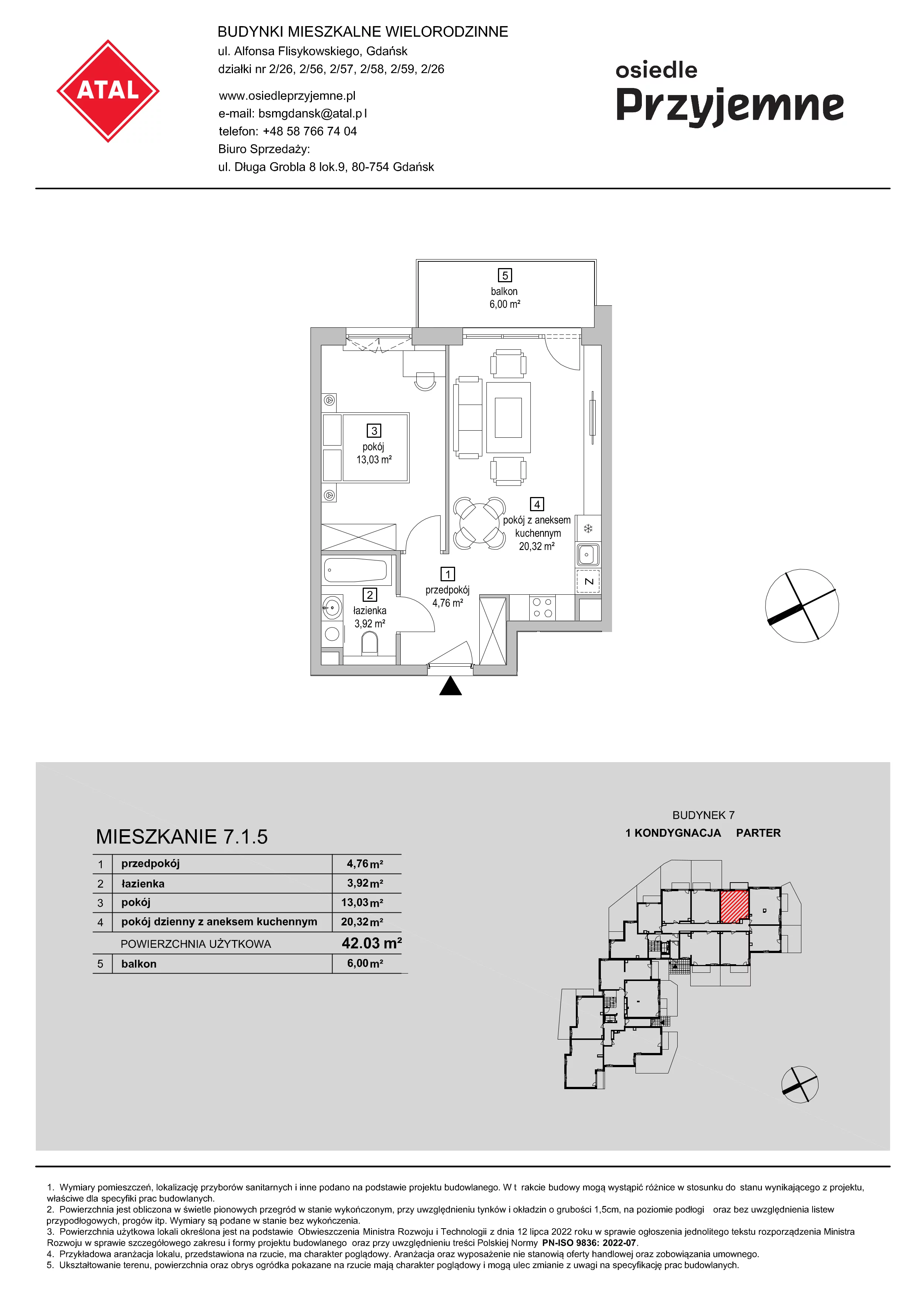 2 pokoje, mieszkanie 42,03 m², parter, oferta nr 7.1.5, Osiedle Przyjemne - etap IV, Gdańsk, Jasień, ul. Flisykowskiego