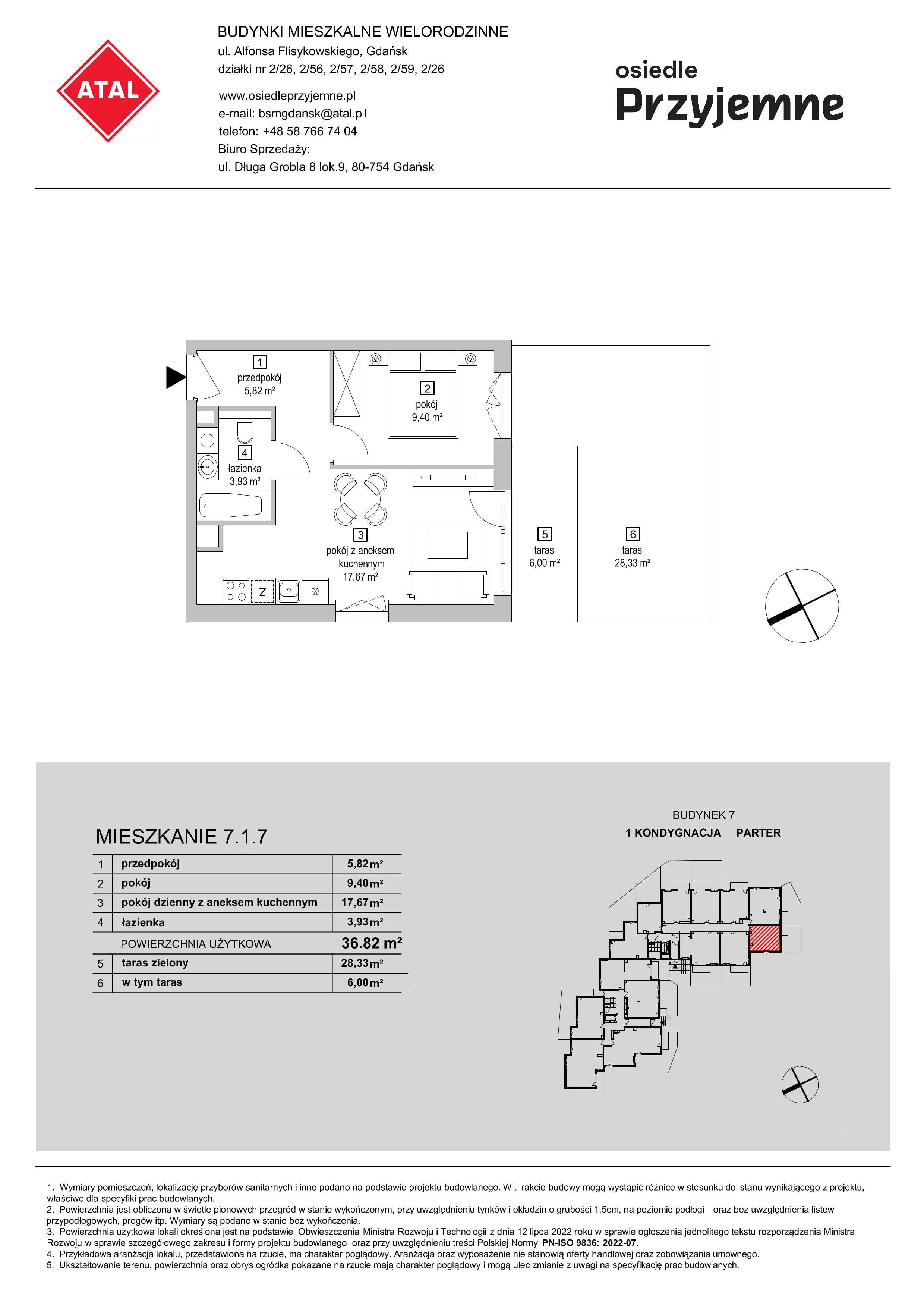 2 pokoje, mieszkanie 36,82 m², parter, oferta nr 7.1.7, Osiedle Przyjemne - etap IV, Gdańsk, Jasień, ul. Flisykowskiego