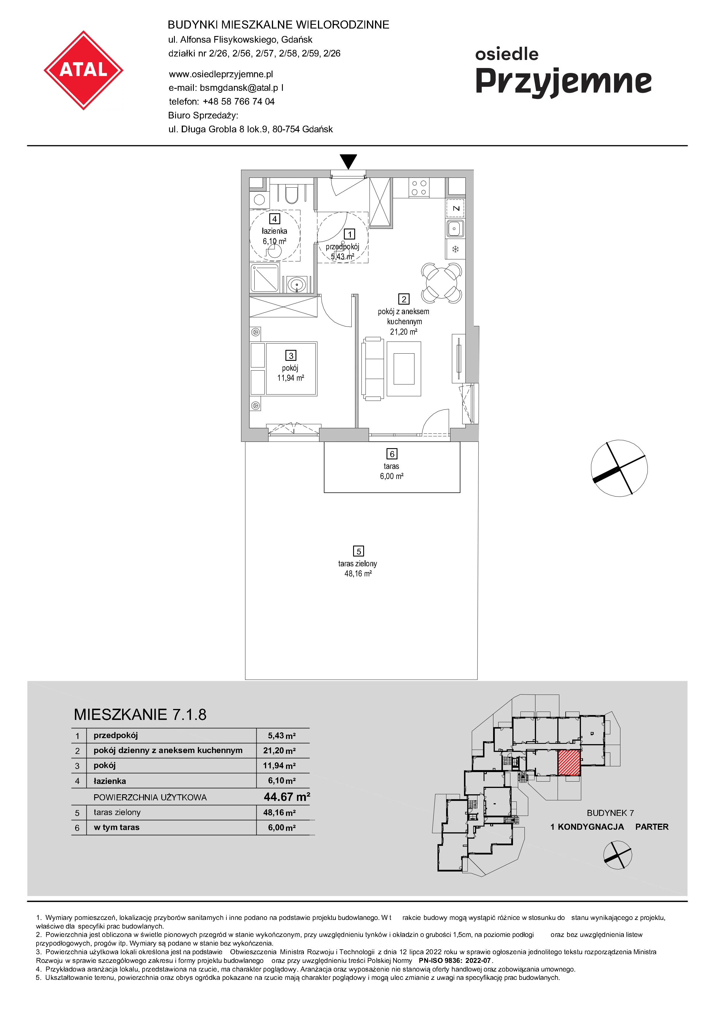 2 pokoje, mieszkanie 44,67 m², parter, oferta nr 7.1.8, Osiedle Przyjemne - etap IV, Gdańsk, Jasień, ul. Flisykowskiego