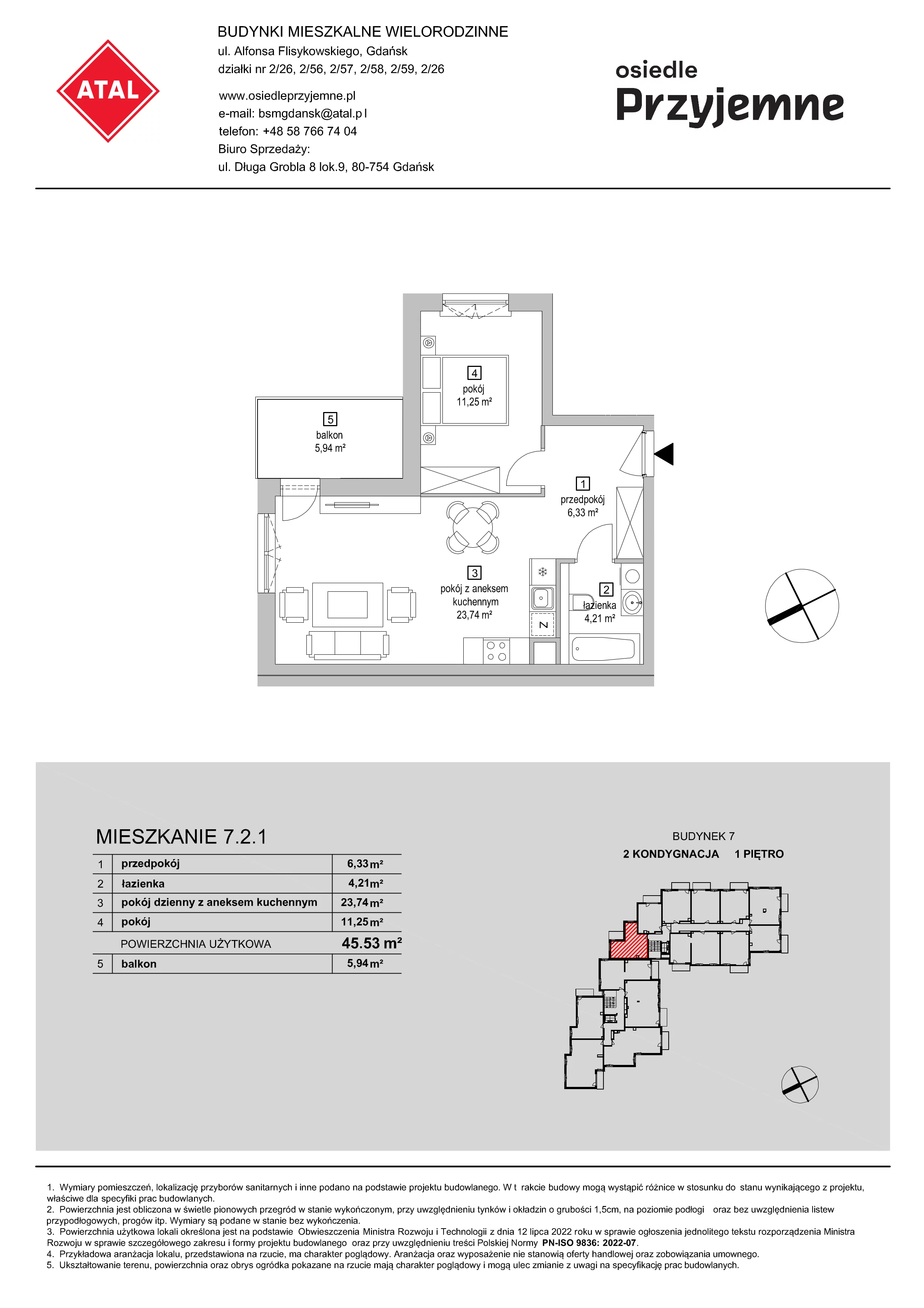 2 pokoje, mieszkanie 45,53 m², piętro 1, oferta nr 7.2.1, Osiedle Przyjemne - etap IV, Gdańsk, Jasień, ul. Flisykowskiego