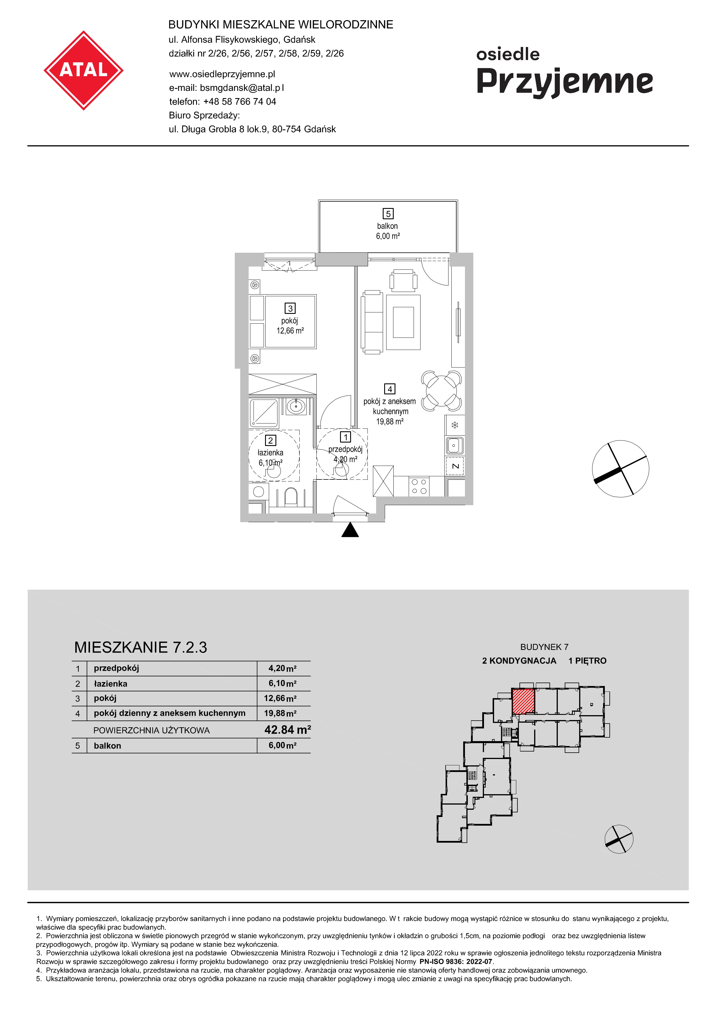 2 pokoje, mieszkanie 42,84 m², piętro 1, oferta nr 7.2.3, Osiedle Przyjemne - etap IV, Gdańsk, Jasień, ul. Flisykowskiego