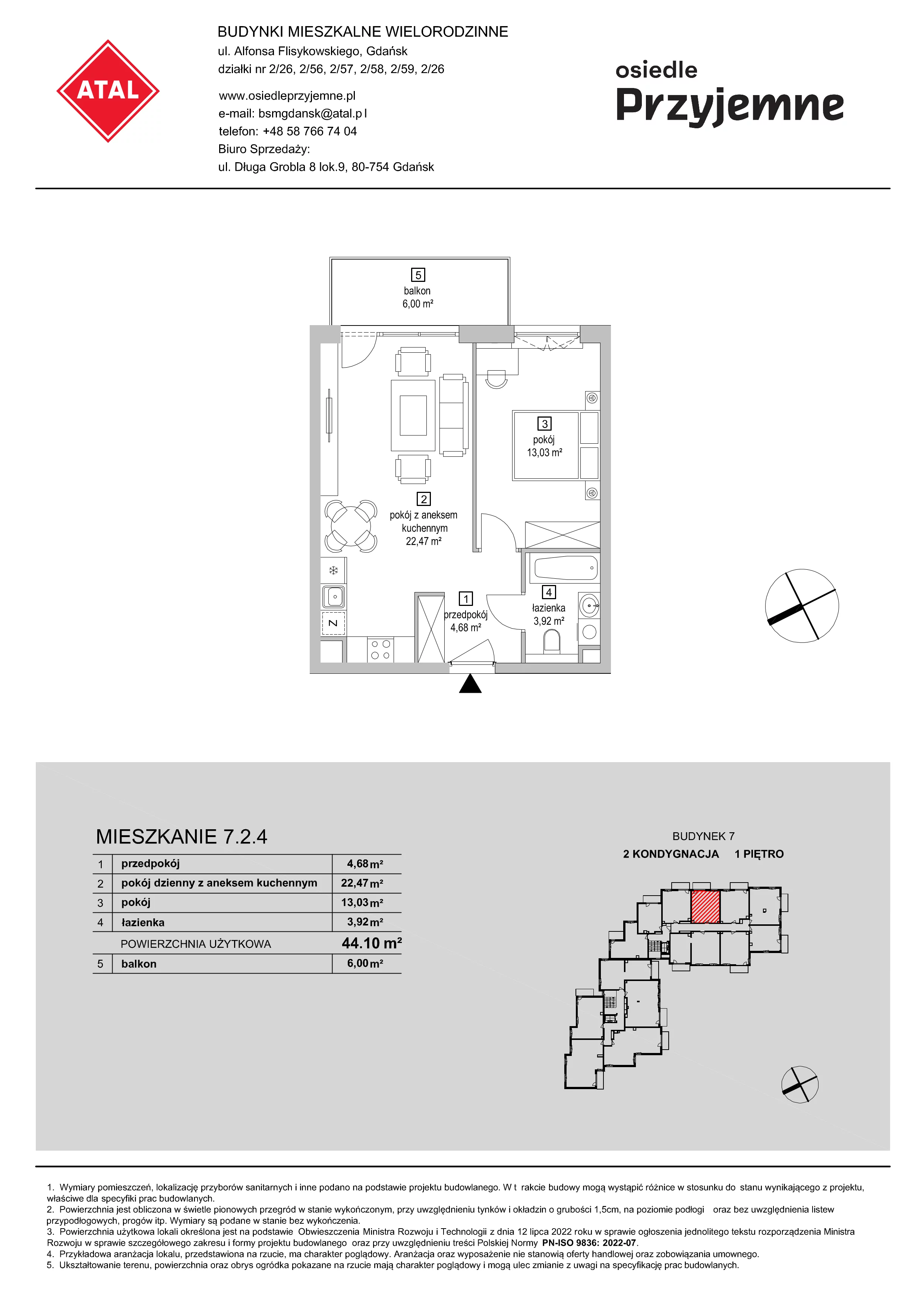 2 pokoje, mieszkanie 44,10 m², piętro 1, oferta nr 7.2.4, Osiedle Przyjemne - etap IV, Gdańsk, Jasień, ul. Flisykowskiego