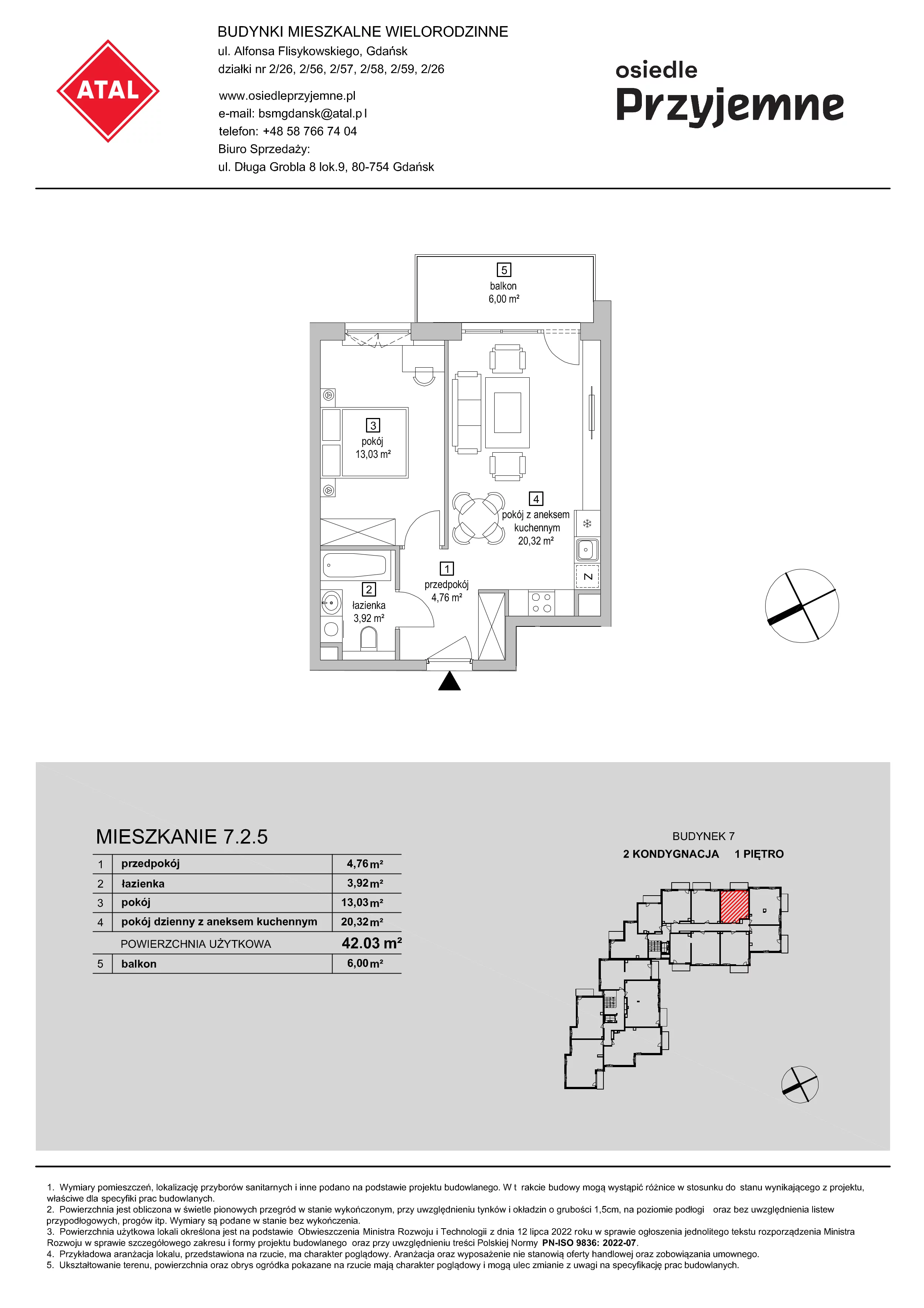 2 pokoje, mieszkanie 42,03 m², piętro 1, oferta nr 7.2.5, Osiedle Przyjemne - etap IV, Gdańsk, Jasień, ul. Flisykowskiego