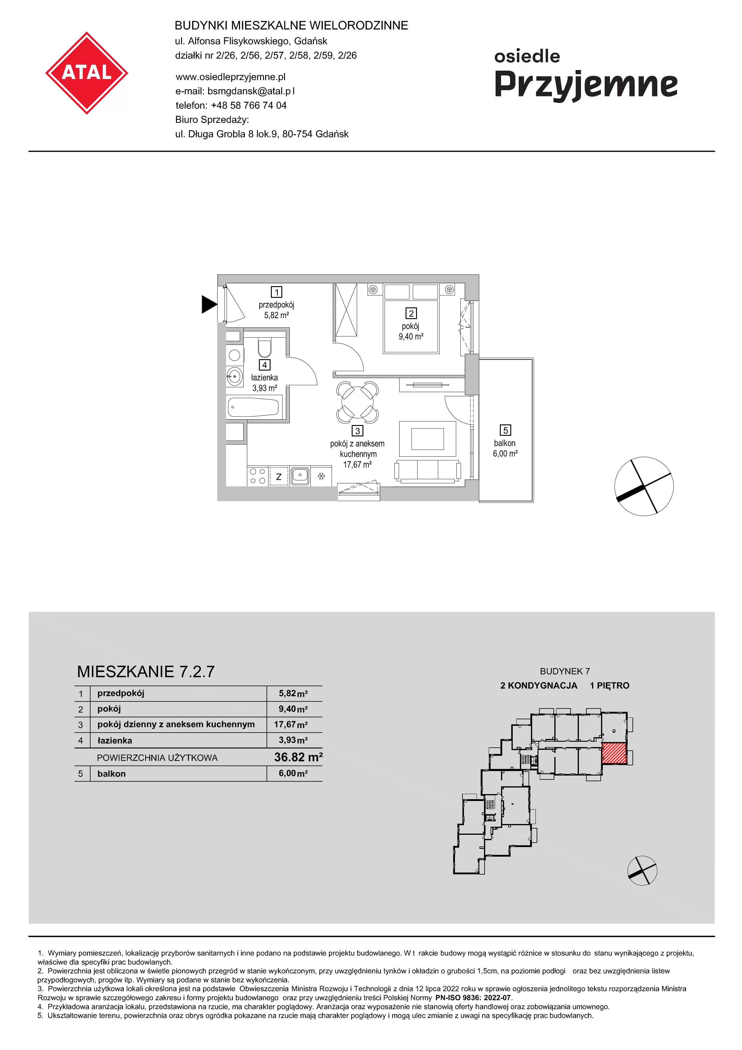 2 pokoje, mieszkanie 36,82 m², piętro 1, oferta nr 7.2.7, Osiedle Przyjemne - etap IV, Gdańsk, Jasień, ul. Flisykowskiego