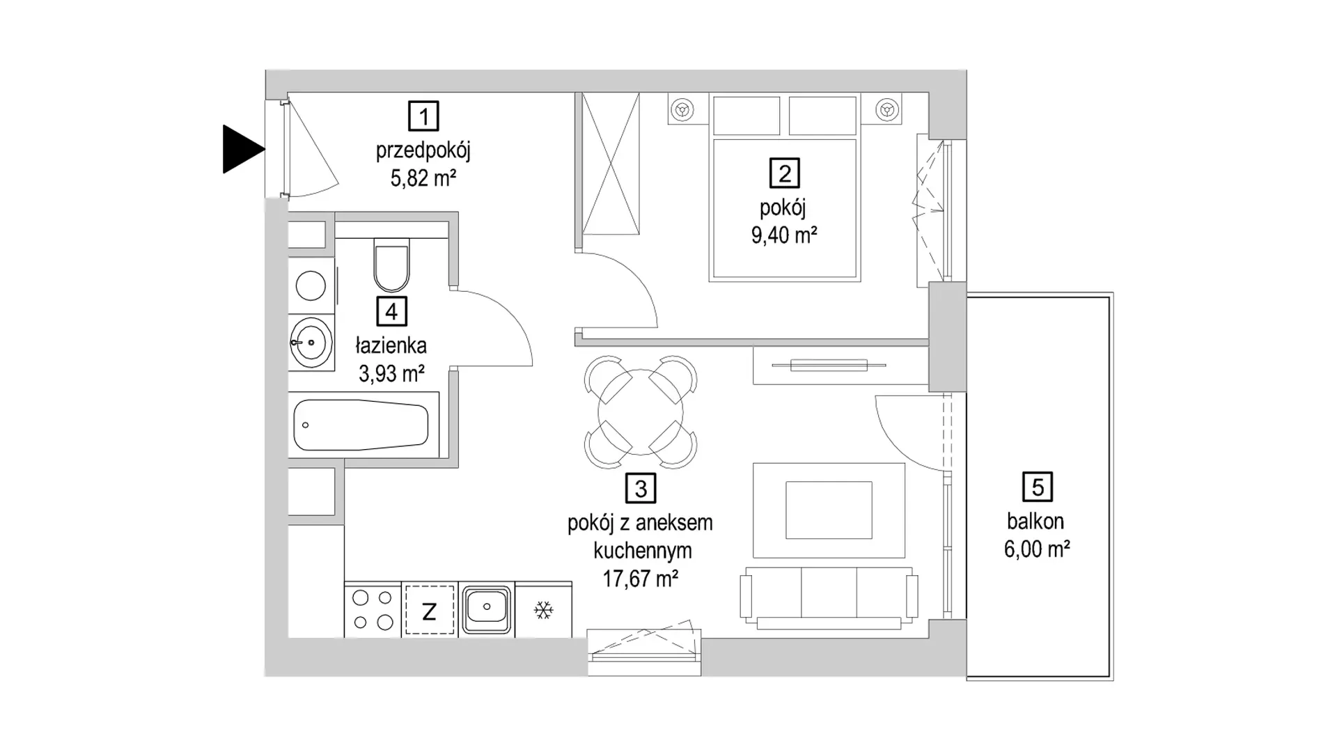 2 pokoje, mieszkanie 36,82 m², piętro 1, oferta nr 7.2.7, Osiedle Przyjemne - etap IV, Gdańsk, Jasień, ul. Flisykowskiego