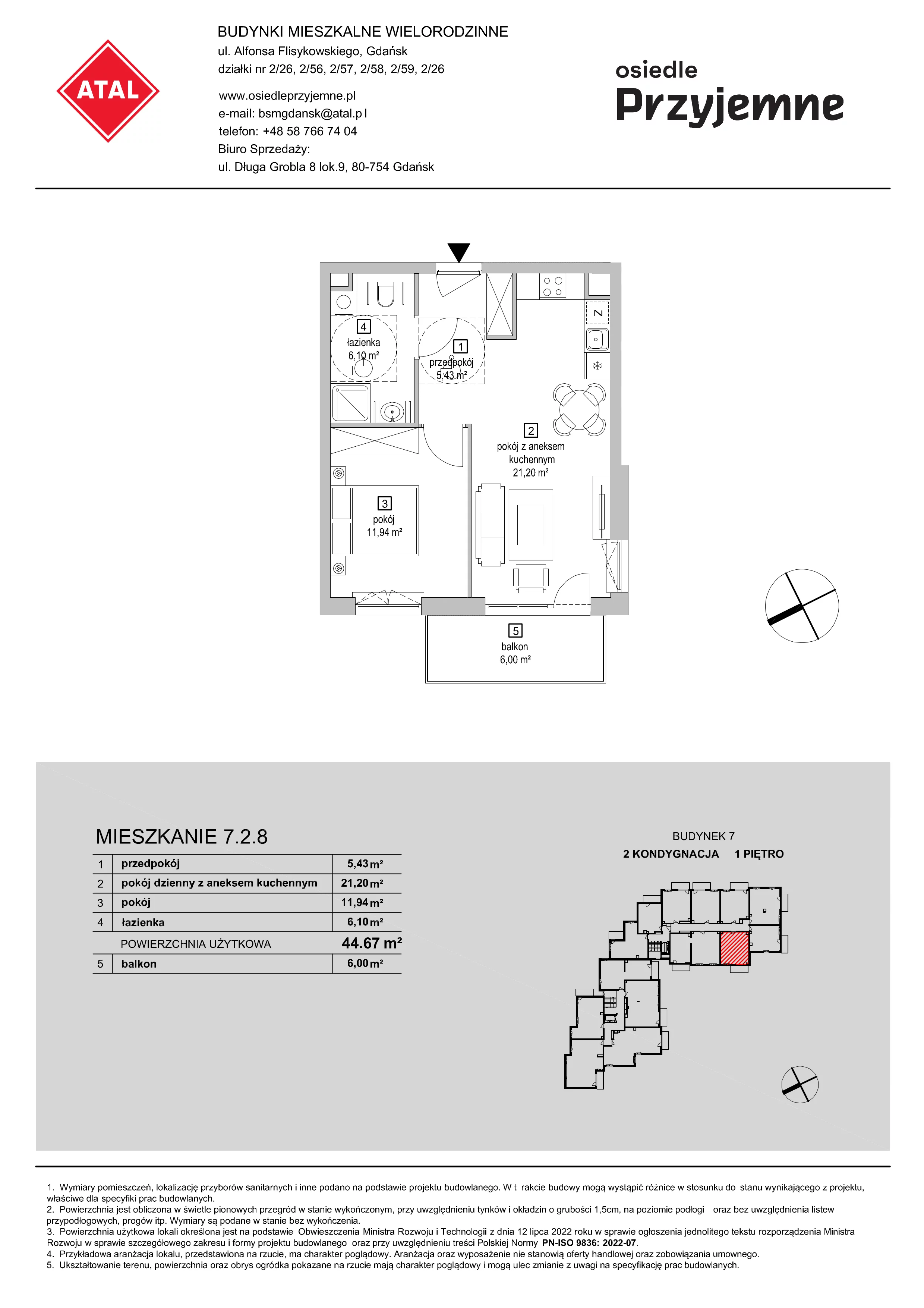 2 pokoje, mieszkanie 44,67 m², piętro 1, oferta nr 7.2.8, Osiedle Przyjemne - etap IV, Gdańsk, Jasień, ul. Flisykowskiego