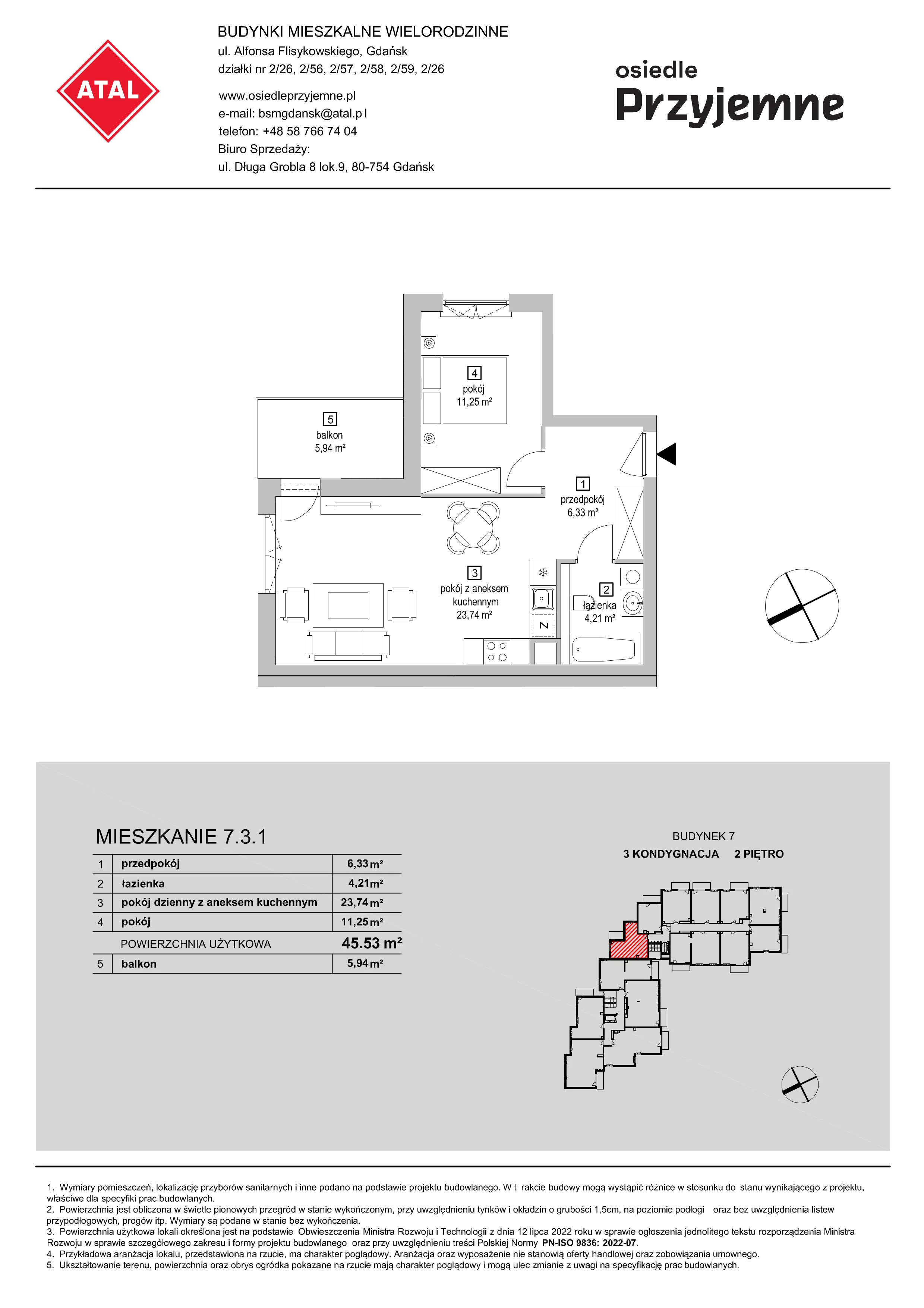 2 pokoje, mieszkanie 45,53 m², piętro 2, oferta nr 7.3.1, Osiedle Przyjemne - etap IV, Gdańsk, Jasień, ul. Flisykowskiego