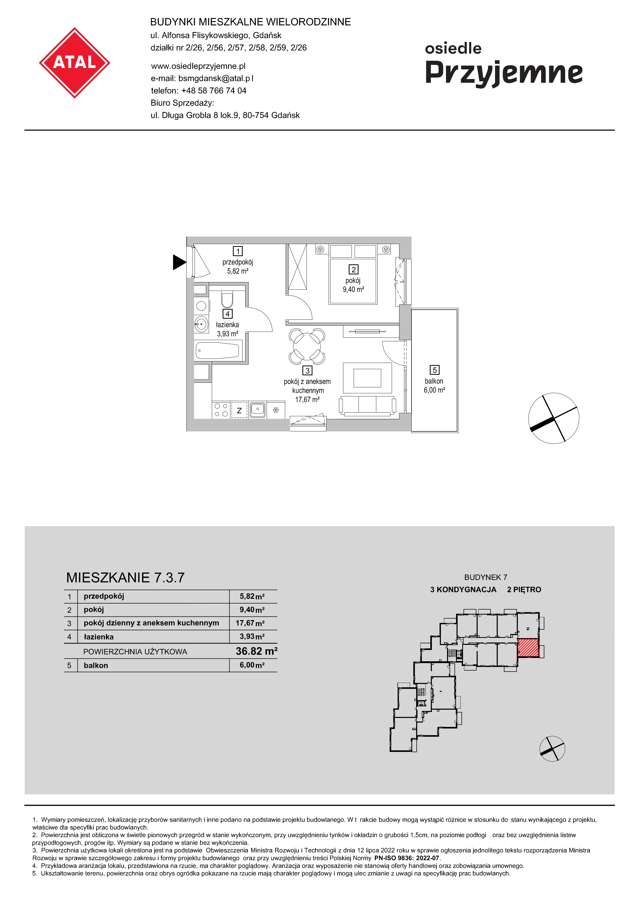 2 pokoje, mieszkanie 36,82 m², piętro 2, oferta nr 7.3.7, Osiedle Przyjemne - etap IV, Gdańsk, Jasień, ul. Flisykowskiego