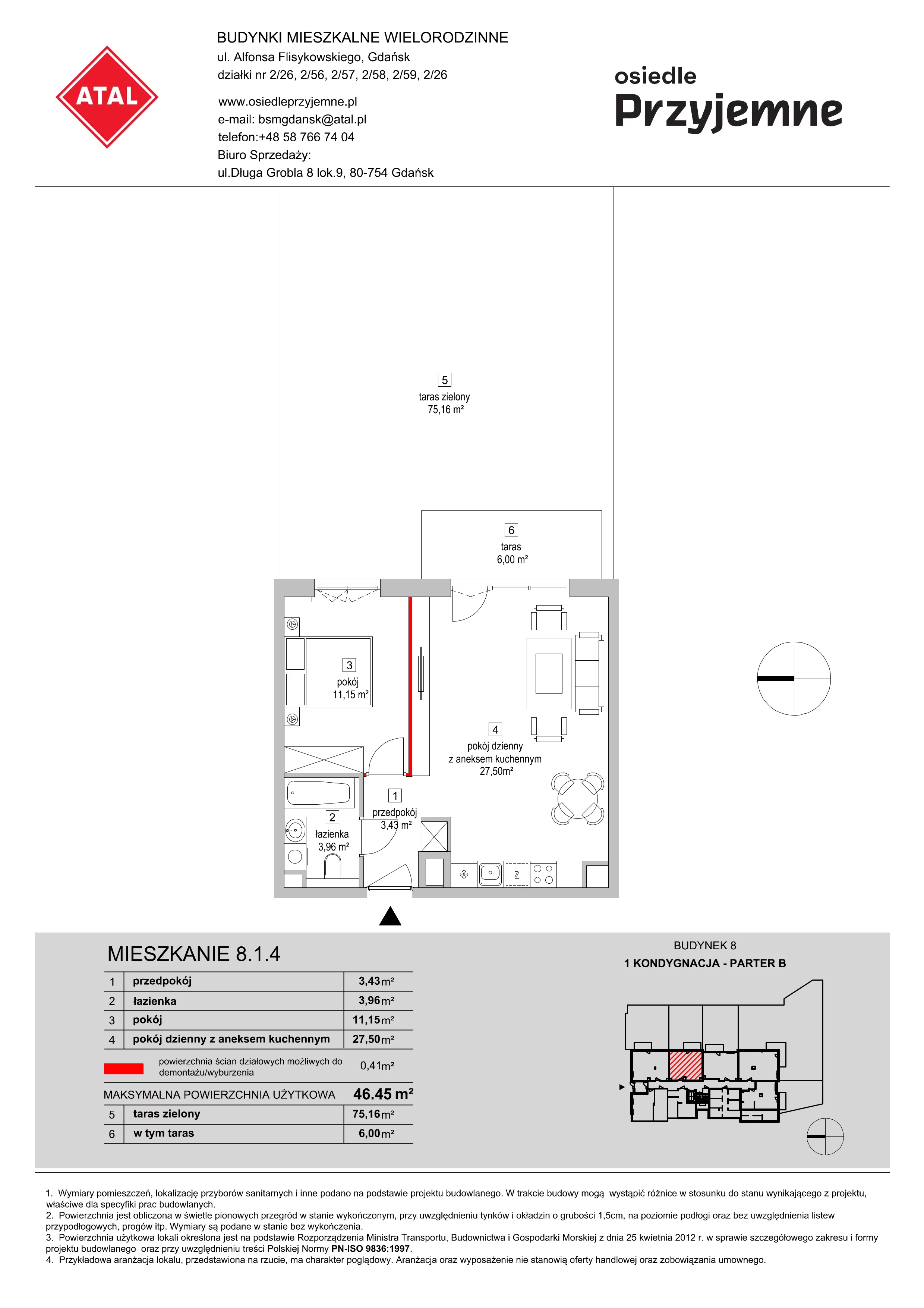 Mieszkanie 46,45 m², parter, oferta nr 8.1.4, Osiedle Przyjemne - etap III, Gdańsk, Jasień, ul. Flisykowskiego