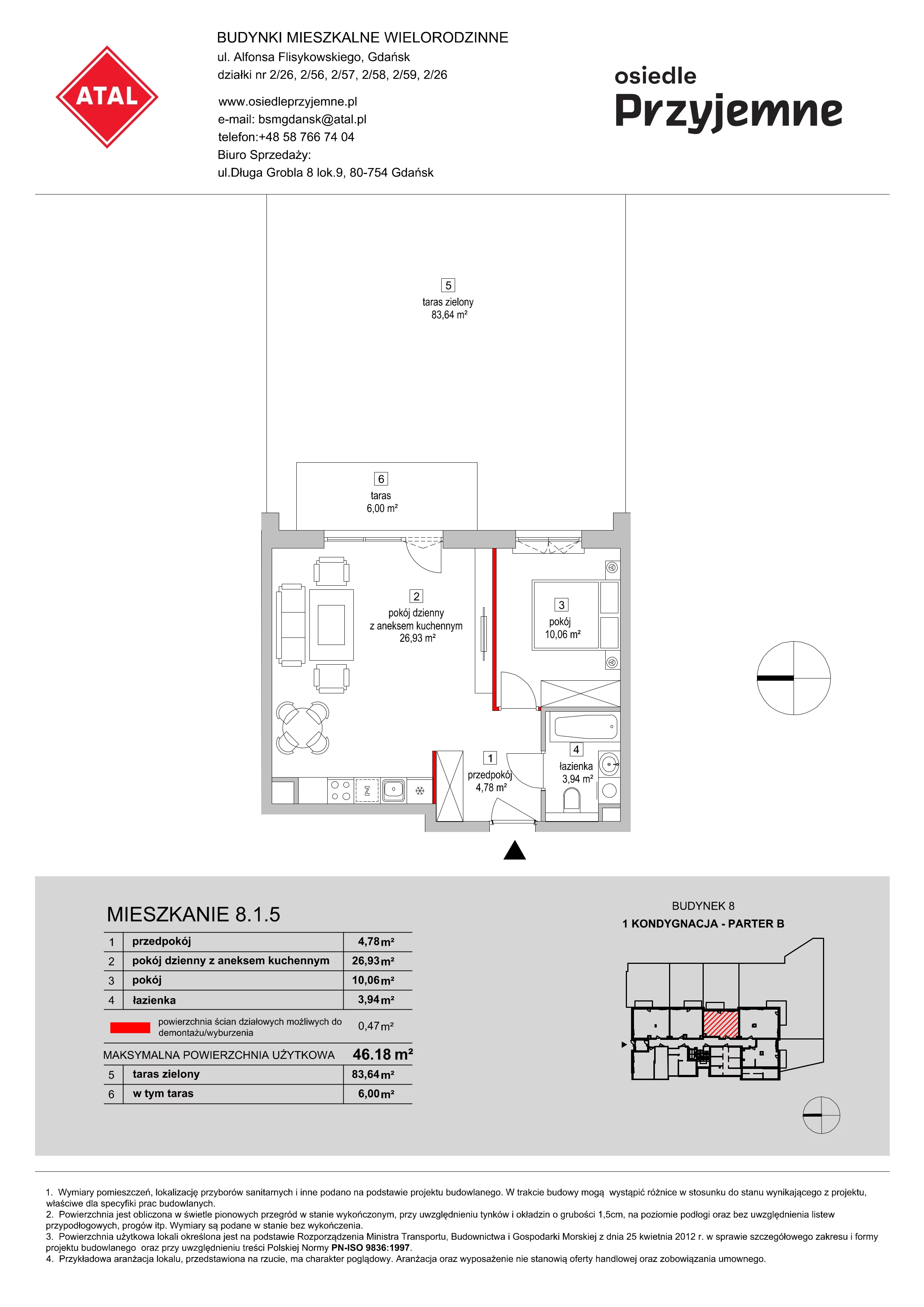 Mieszkanie 46,18 m², parter, oferta nr 8.1.5, Osiedle Przyjemne - etap III, Gdańsk, Jasień, ul. Flisykowskiego