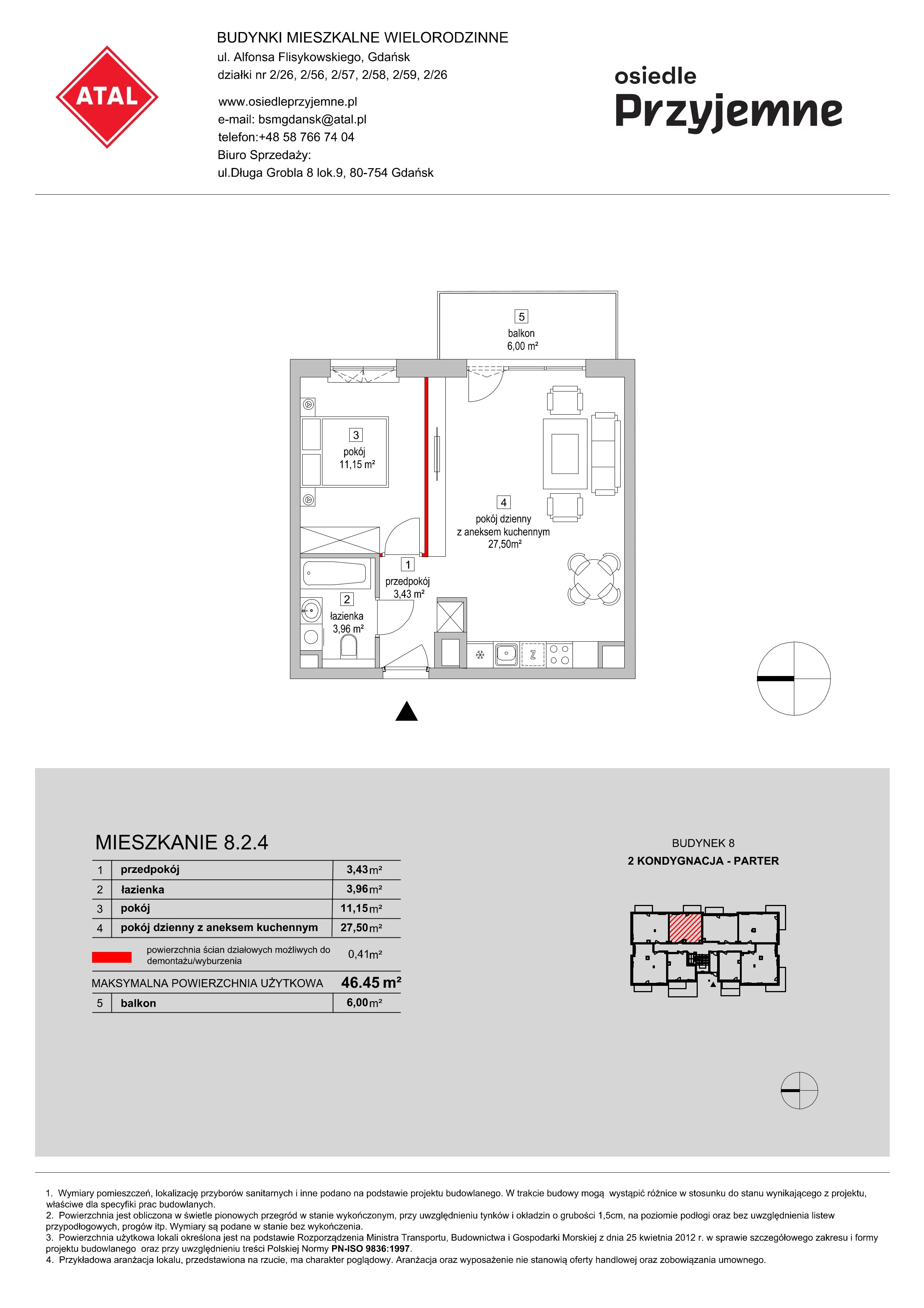 Mieszkanie 46,45 m², parter, oferta nr 8.2.4, Osiedle Przyjemne - etap III, Gdańsk, Jasień, ul. Flisykowskiego